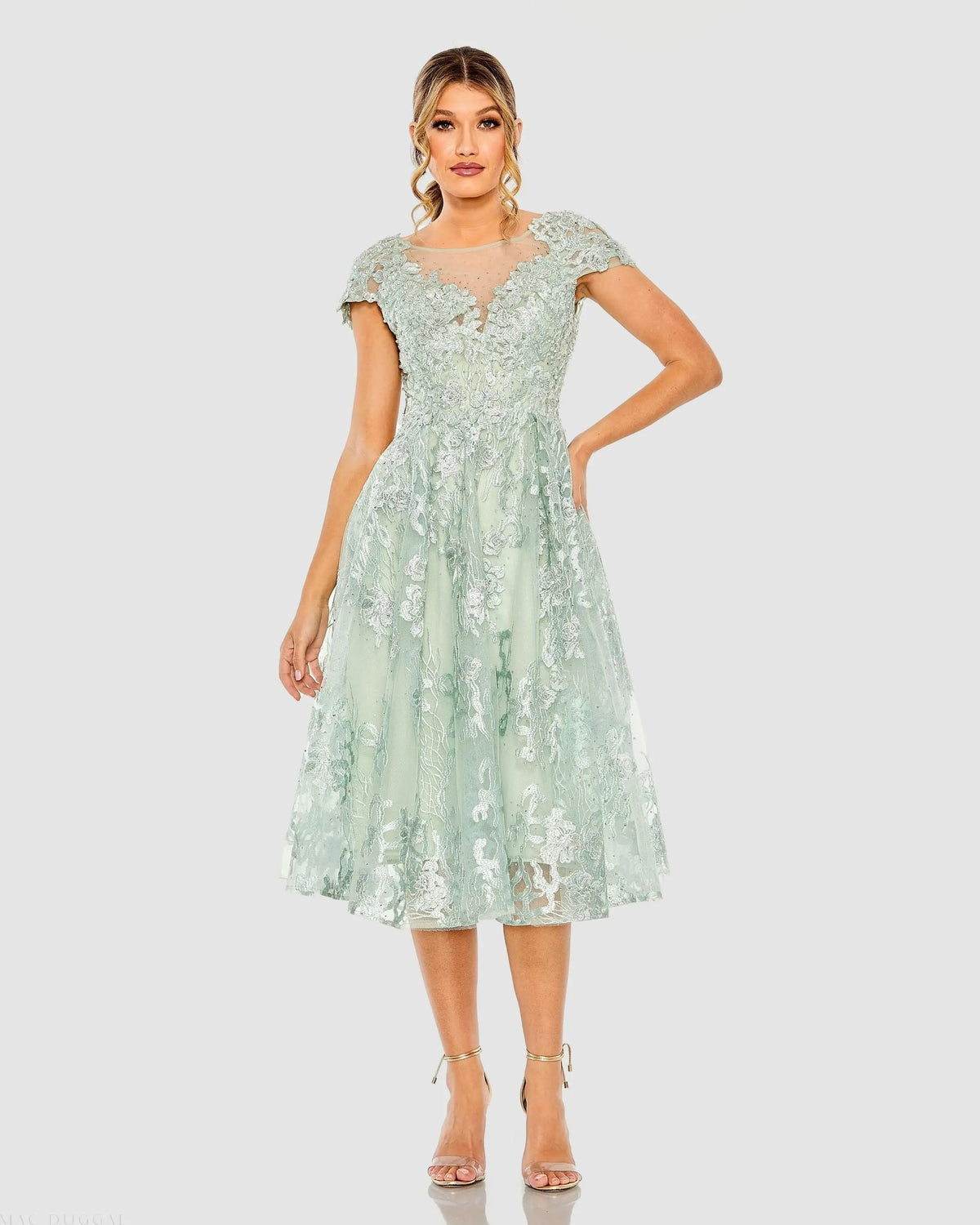 Green Embroidered Cap Sleeve A Line Dress