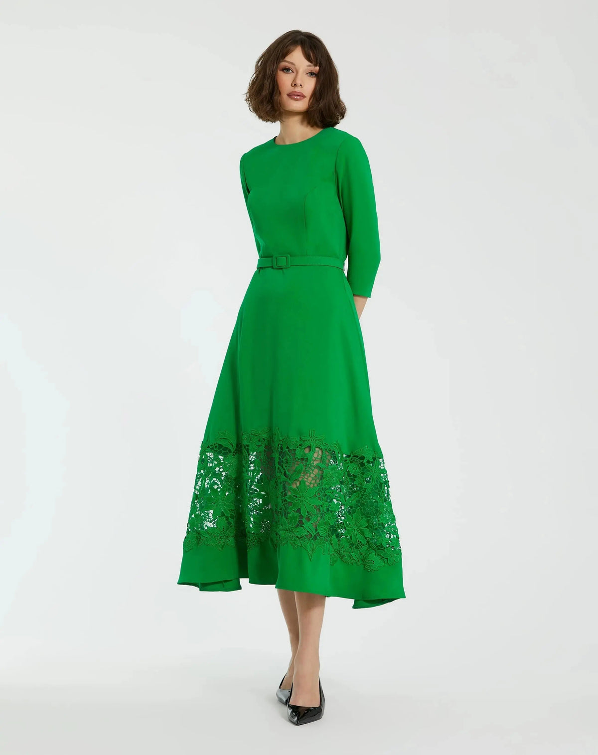 Green Crepe Boat Neck Midi Dress With Applique Cut Out