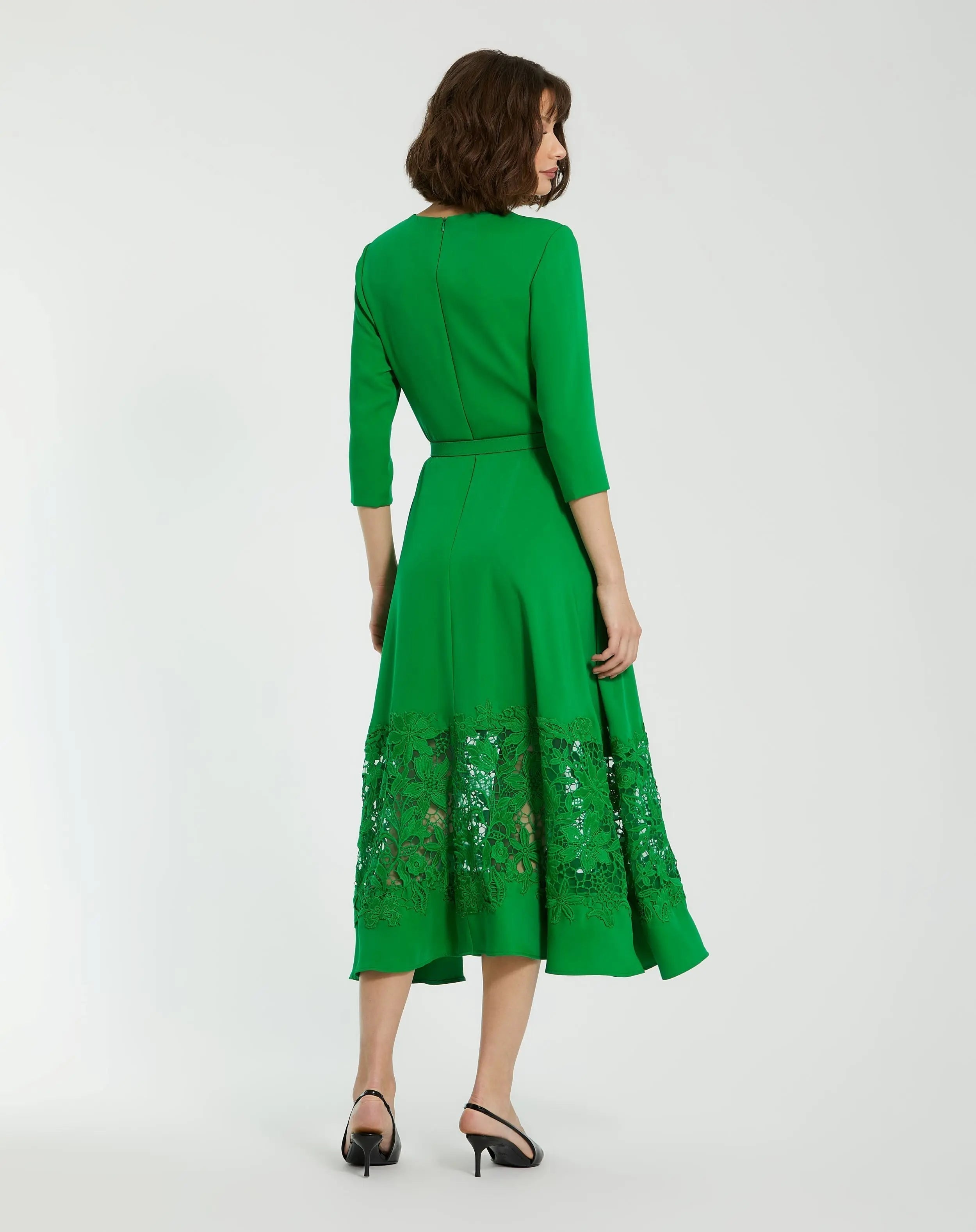 Green Crepe Boat Neck Midi Dress With Applique Cut Out