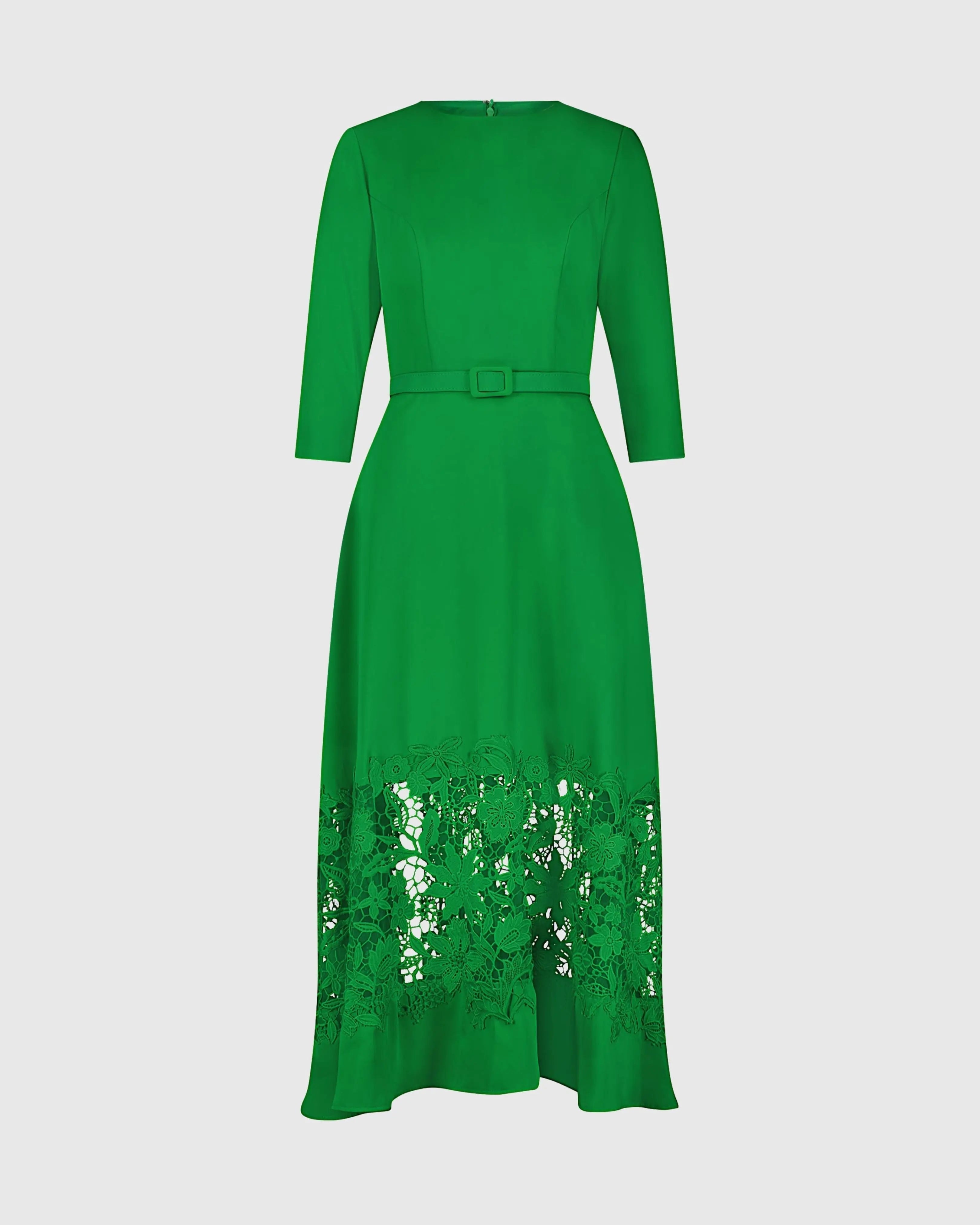 Green Crepe Boat Neck Midi Dress With Applique Cut Out