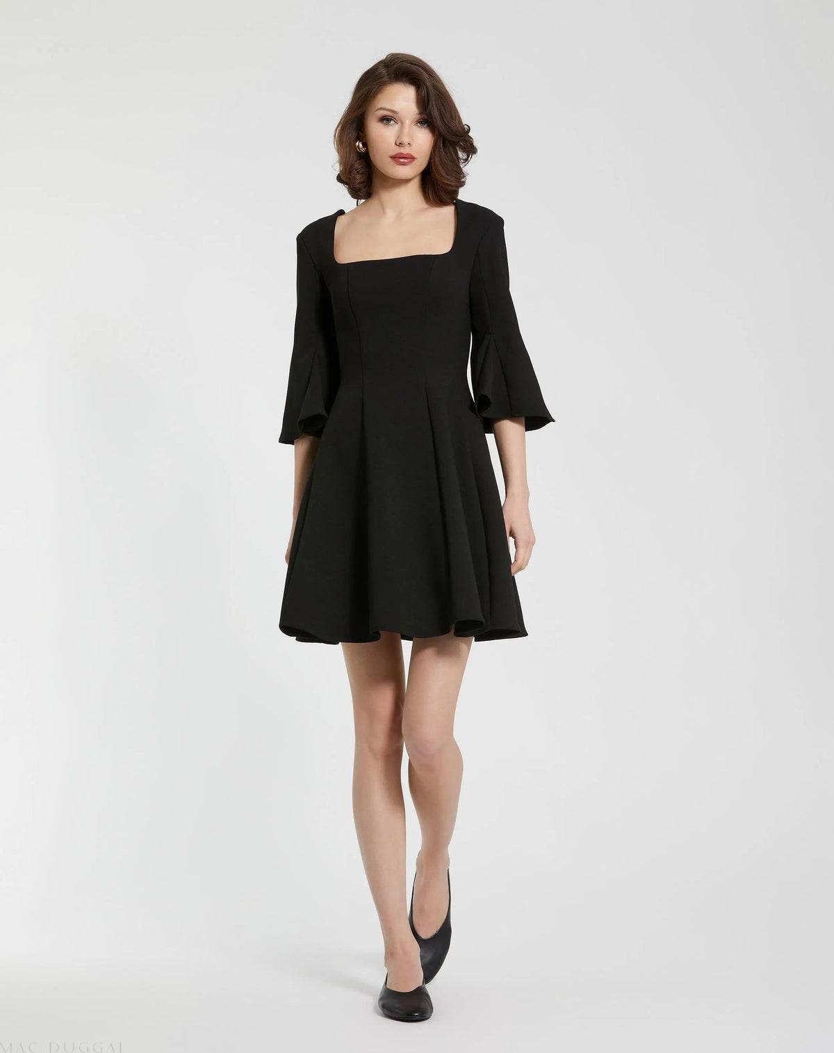 Black Crepe Square Neck 3/4 Sleeve Godet Mini Dress
