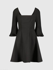 Black Crepe Square Neck 3/4 Sleeve Godet Mini Dress