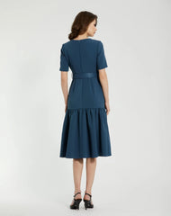 Blue Crepe 3/4 Sleeve Midi Dress With Belt And Pockets
