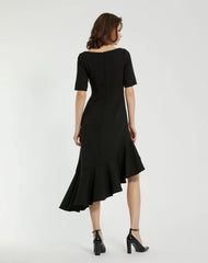 Black Crepe 3/4 Sleeve Asymmetrical Hem Dress