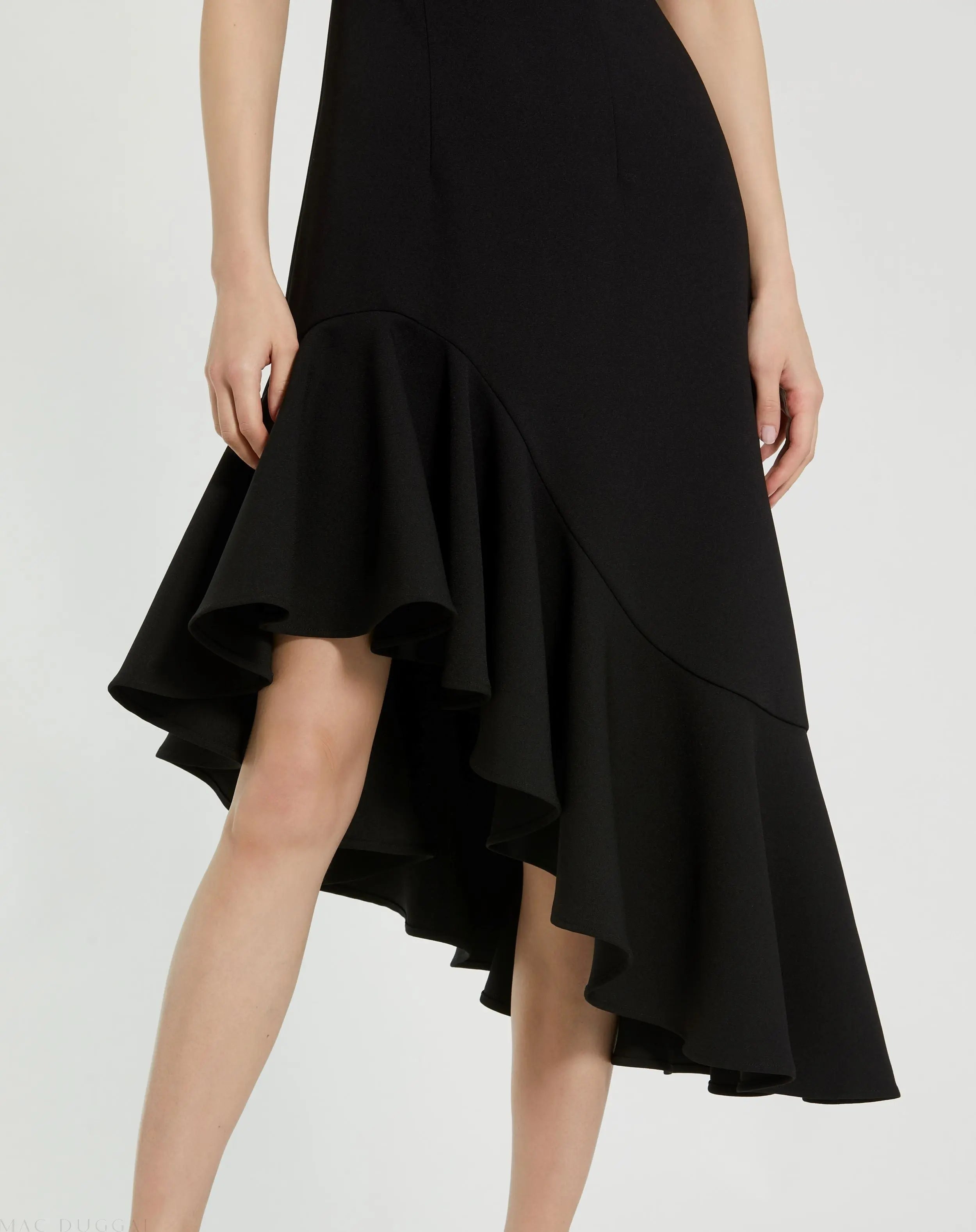 Black Crepe 3/4 Sleeve Asymmetrical Hem Dress