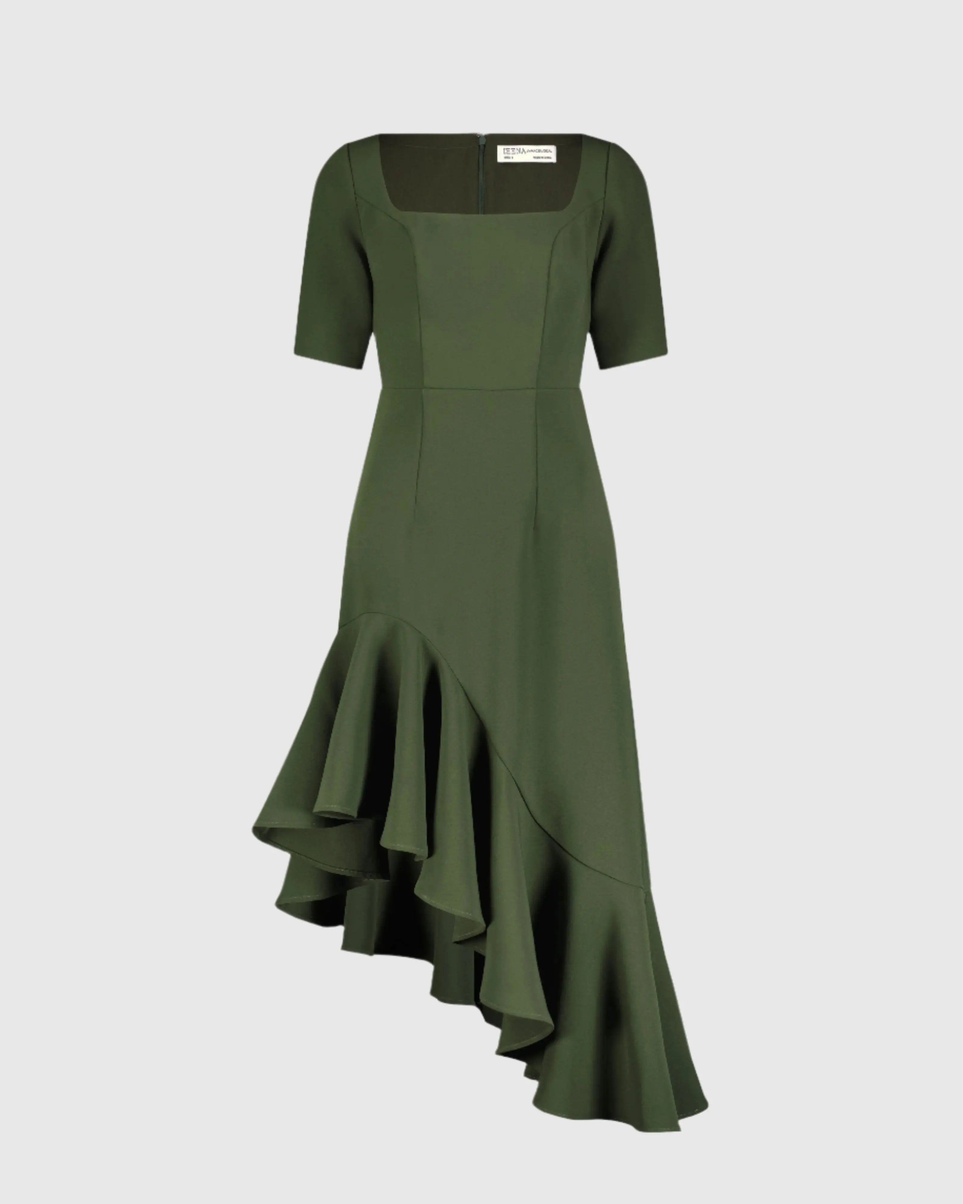 Green Crepe 3/4 Sleeve Asymmetrical Hem Dress - FINAL SALE