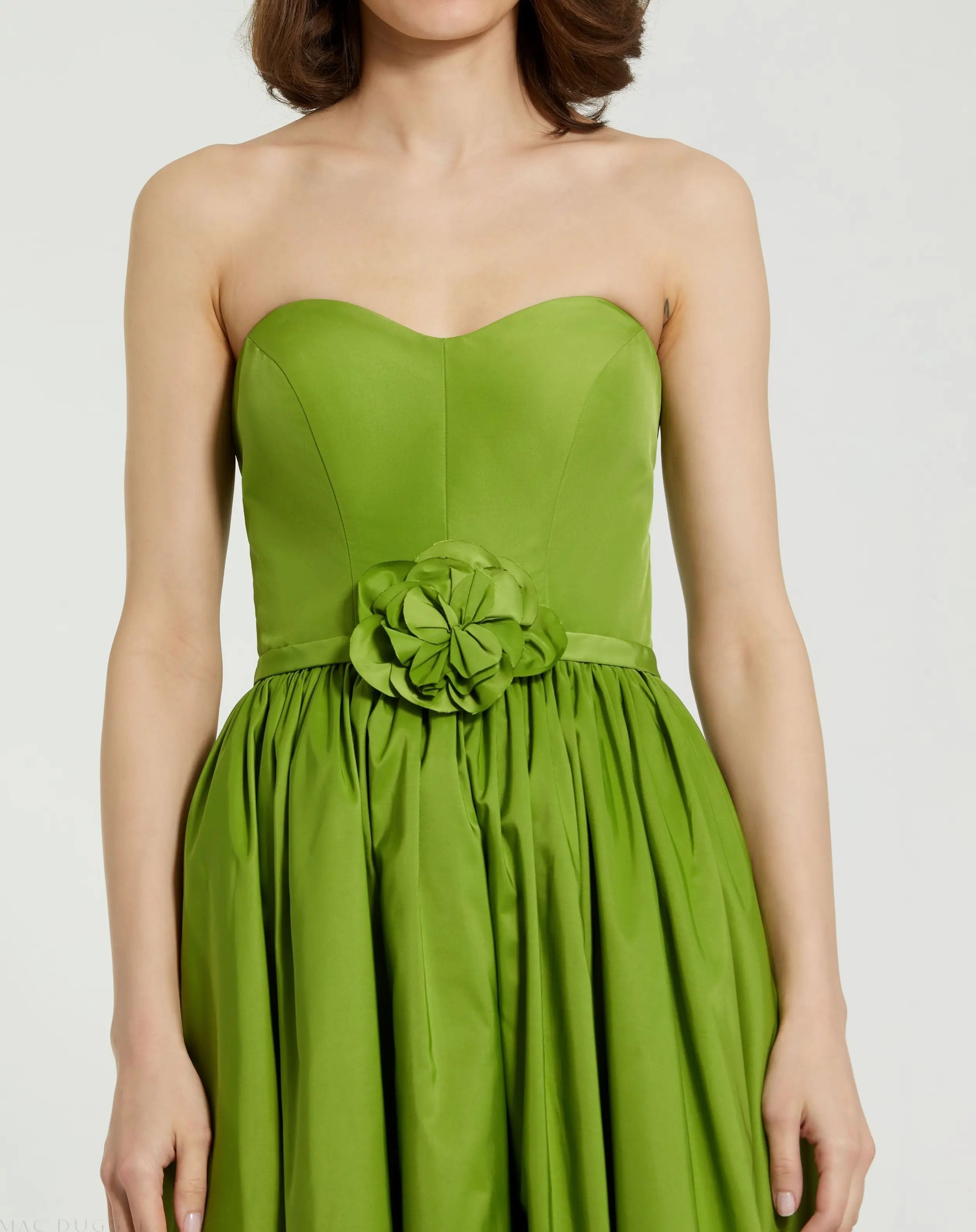Green Faille Strapless A Line Midi Dress With 3D Rose