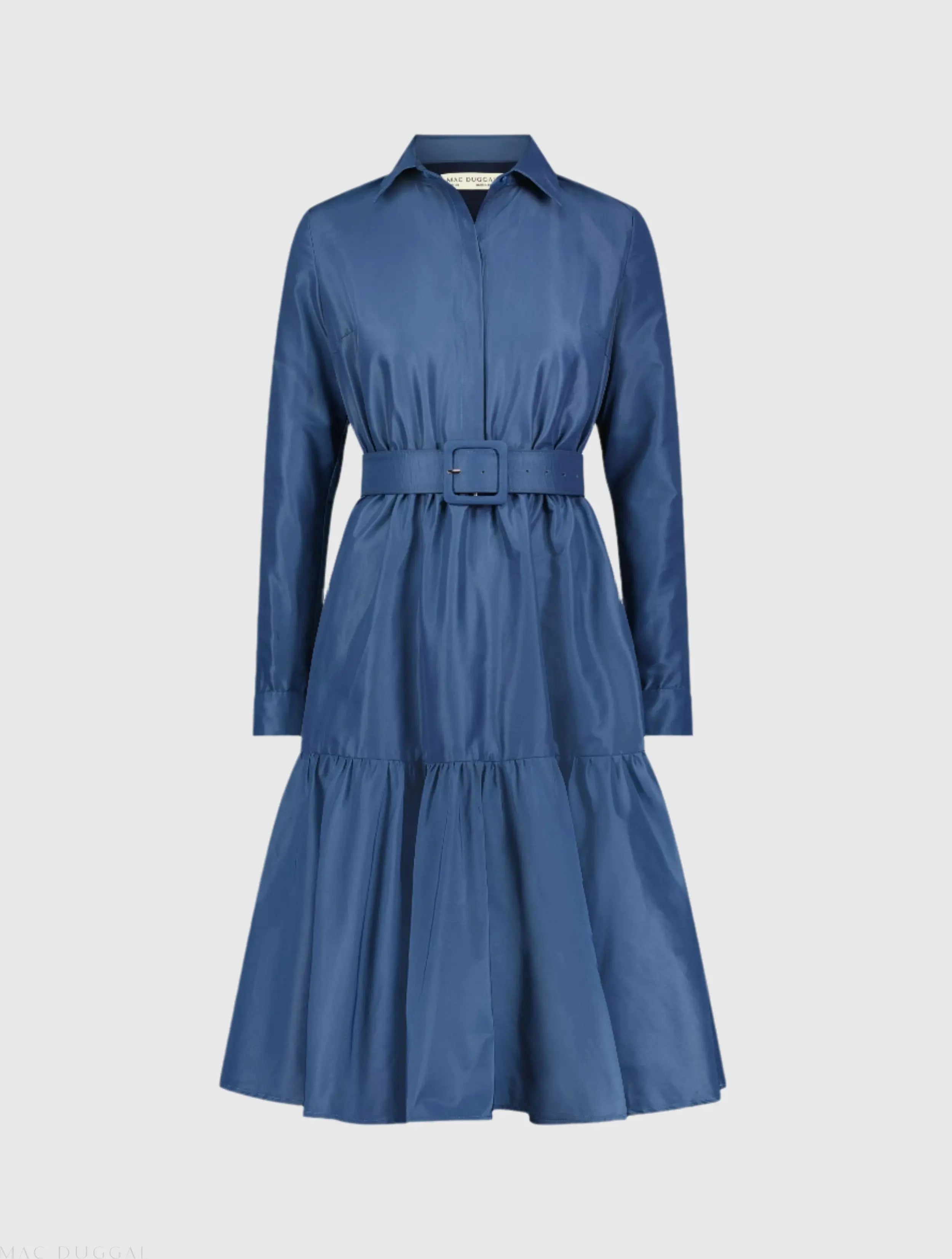 Blue Faille Long Sleeve Collared Midi Dress With Belt - Final Sale