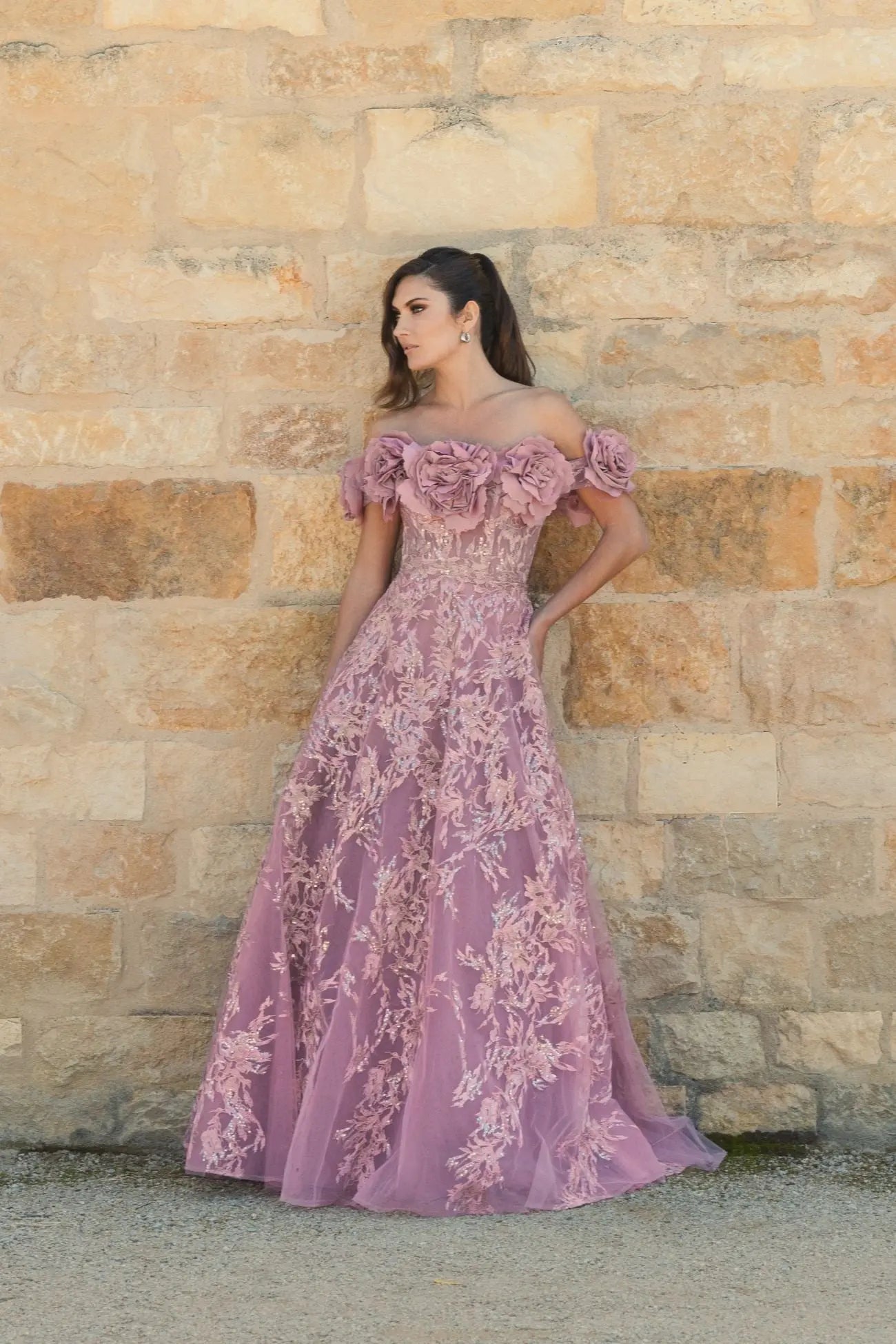 Purple Floral Embroidered Off The Shoulder A-line Gown
