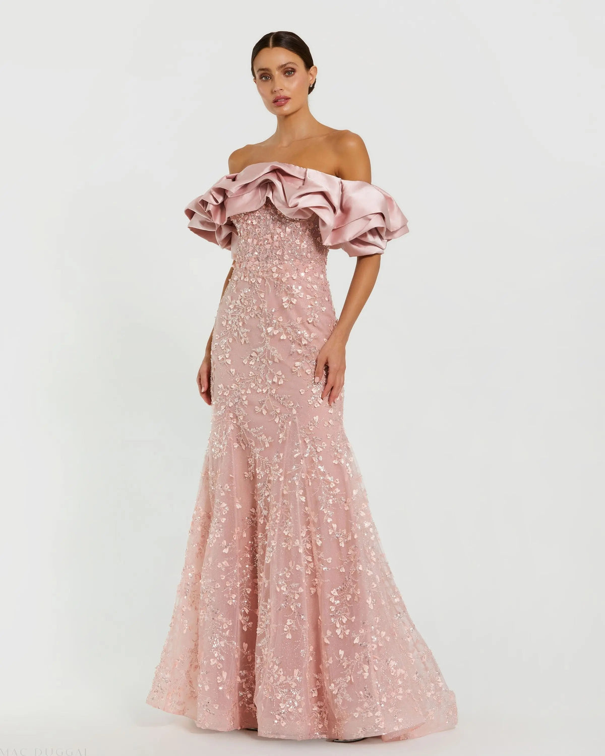 Pink Beaded Mermaid Gown With Off The Shoulder Ruffle
