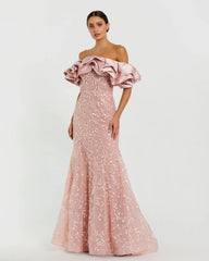 Pink Beaded Mermaid Gown With Off The Shoulder Ruffle
