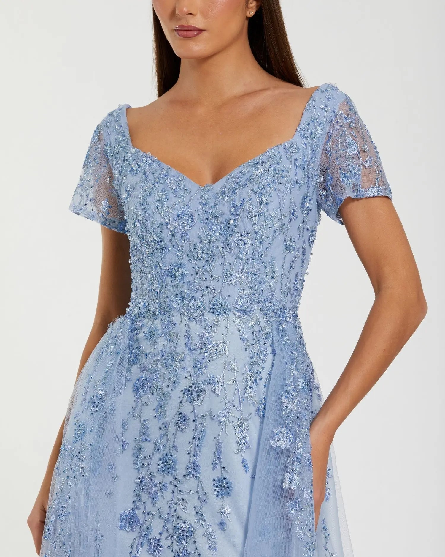 Blue Embroidered Beaded A-Line Gown with Overskirt