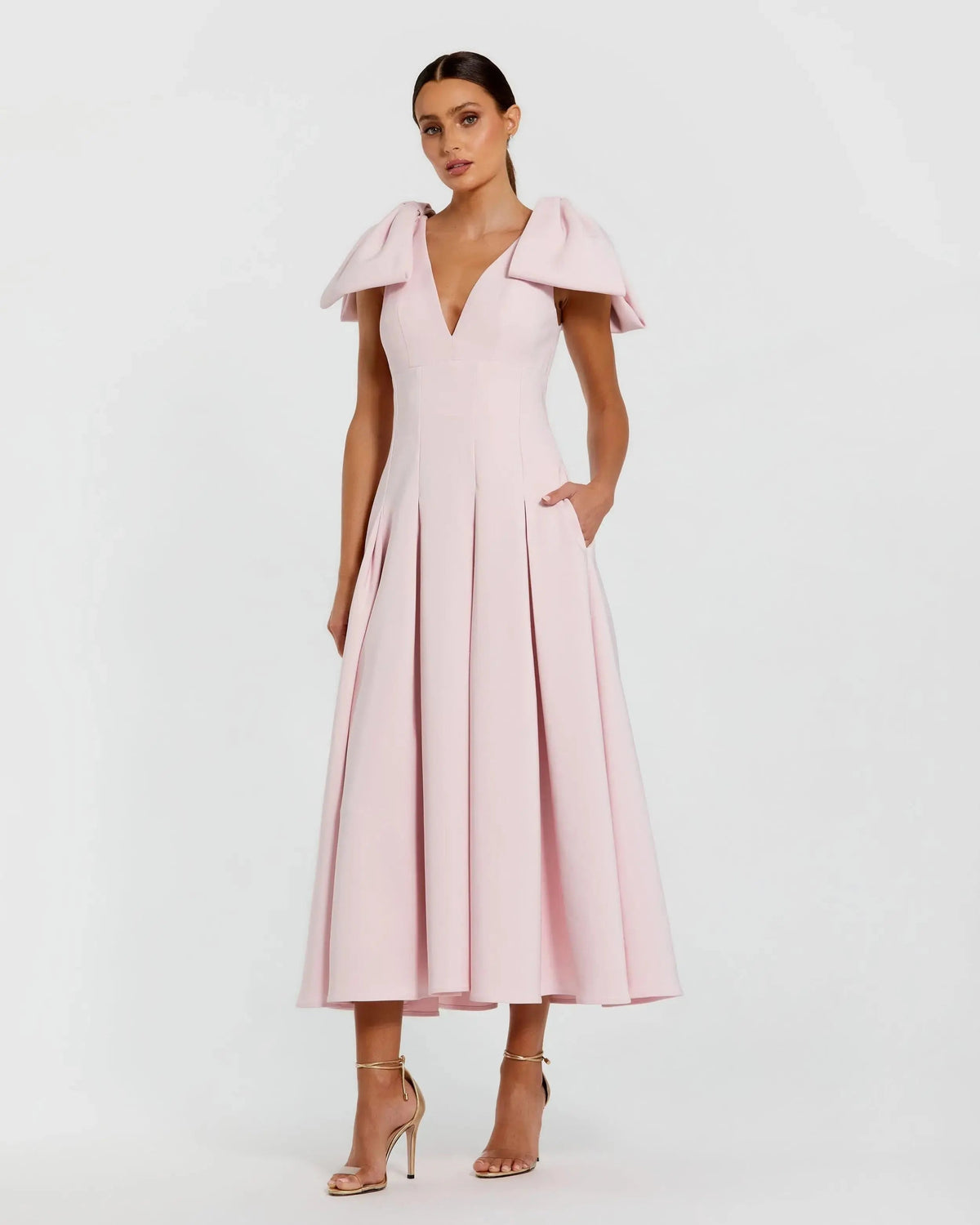 Crepe A Line Midi Dress With Bow Straps