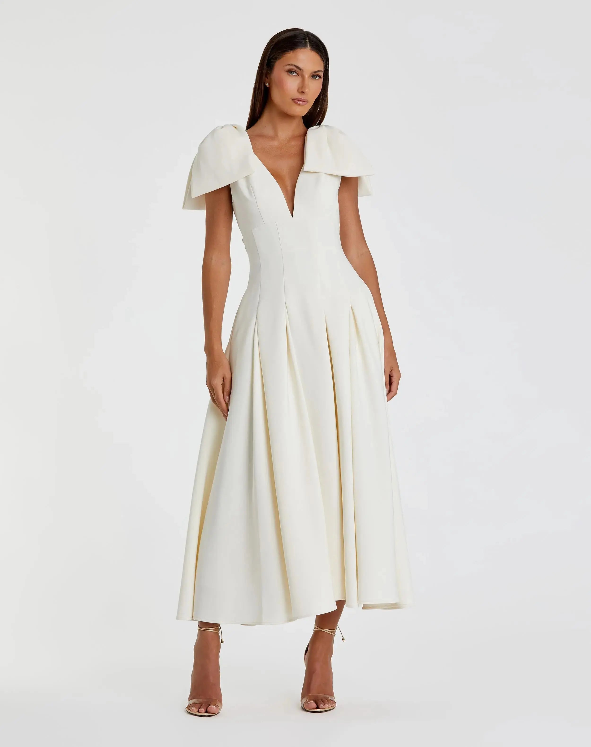 Crepe A Line Midi Dress With Bow Straps