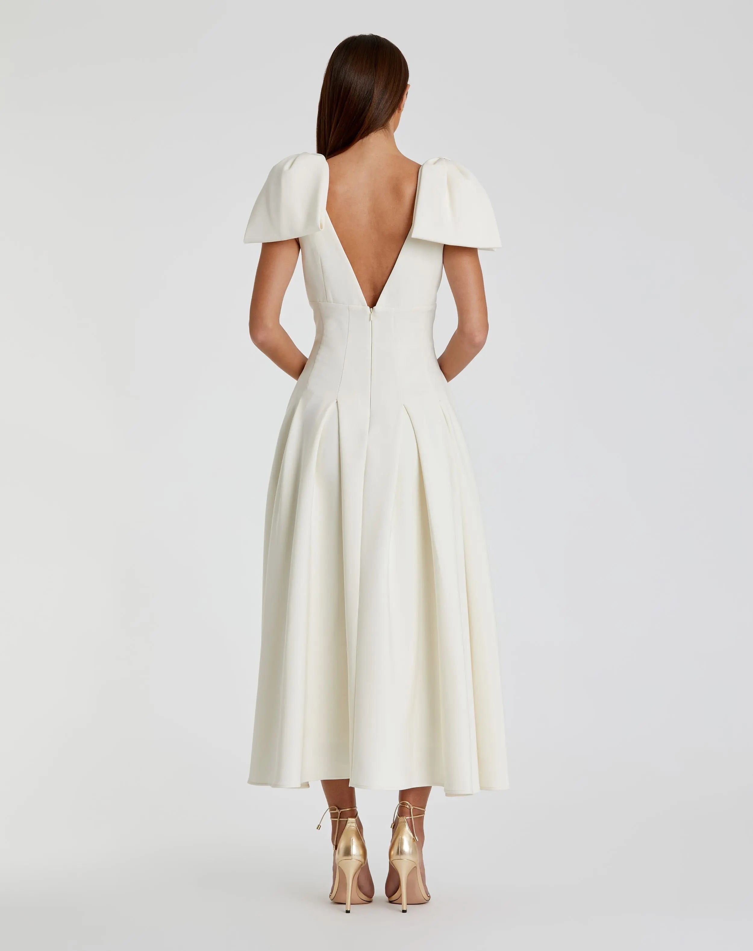 Ivory Crepe A Line Midi Dress With Bow Straps