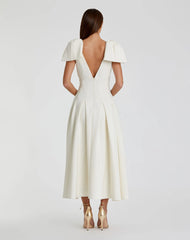 Ivory Crepe A Line Midi Dress With Bow Straps