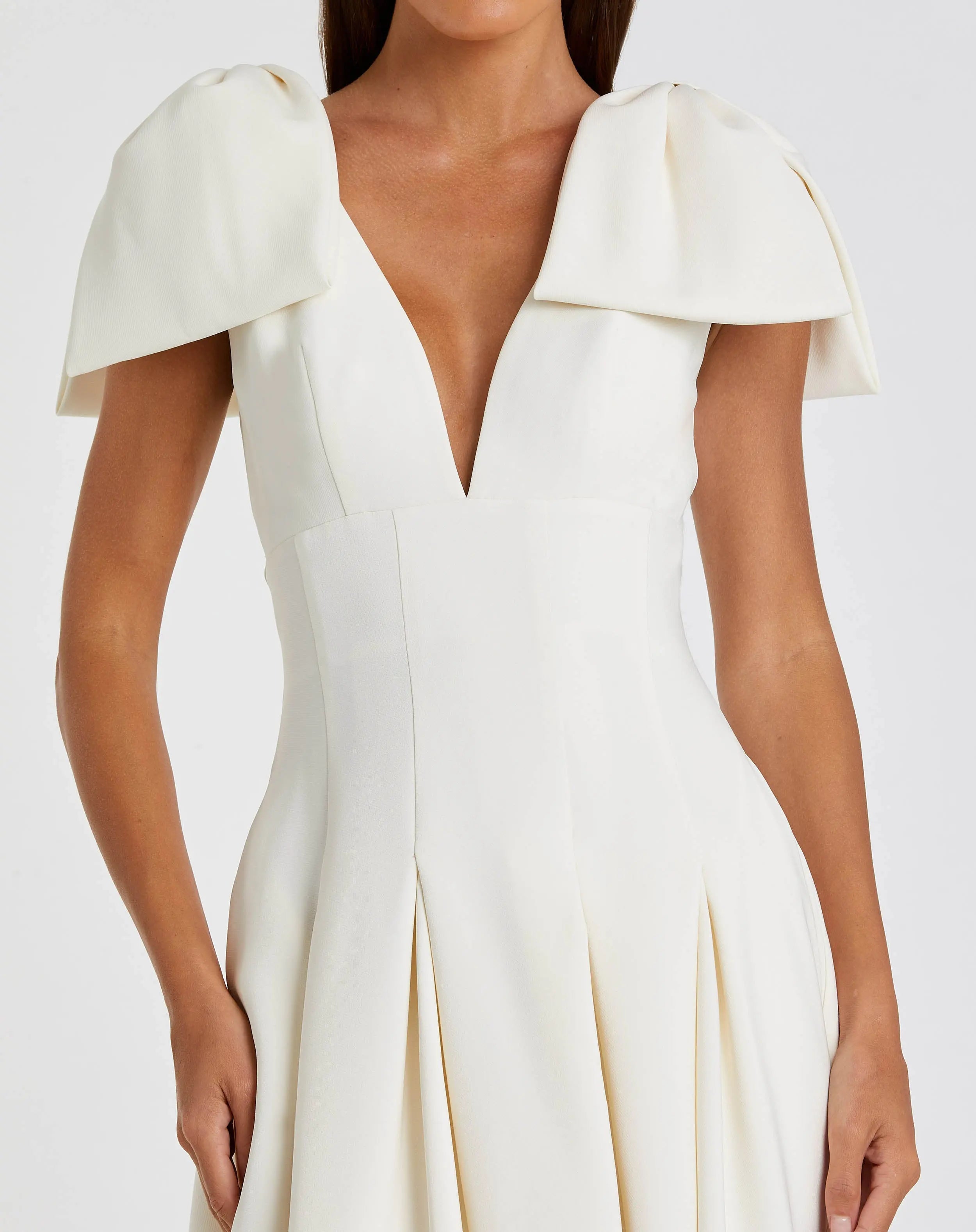 Ivory Crepe A Line Midi Dress With Bow Straps