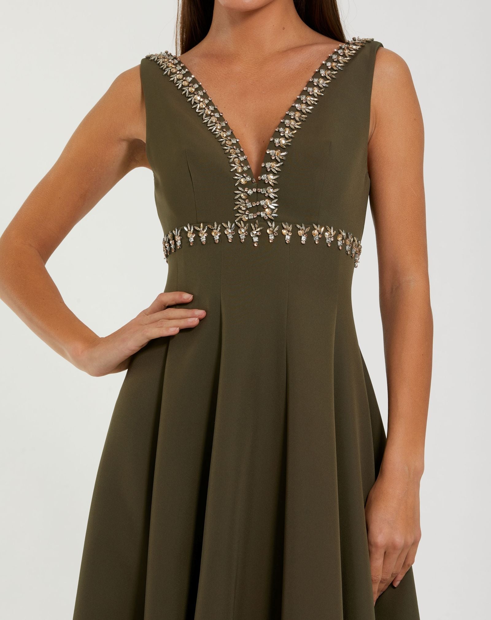 Green Rhinestone Embellished Crepe A Line Midi Dress