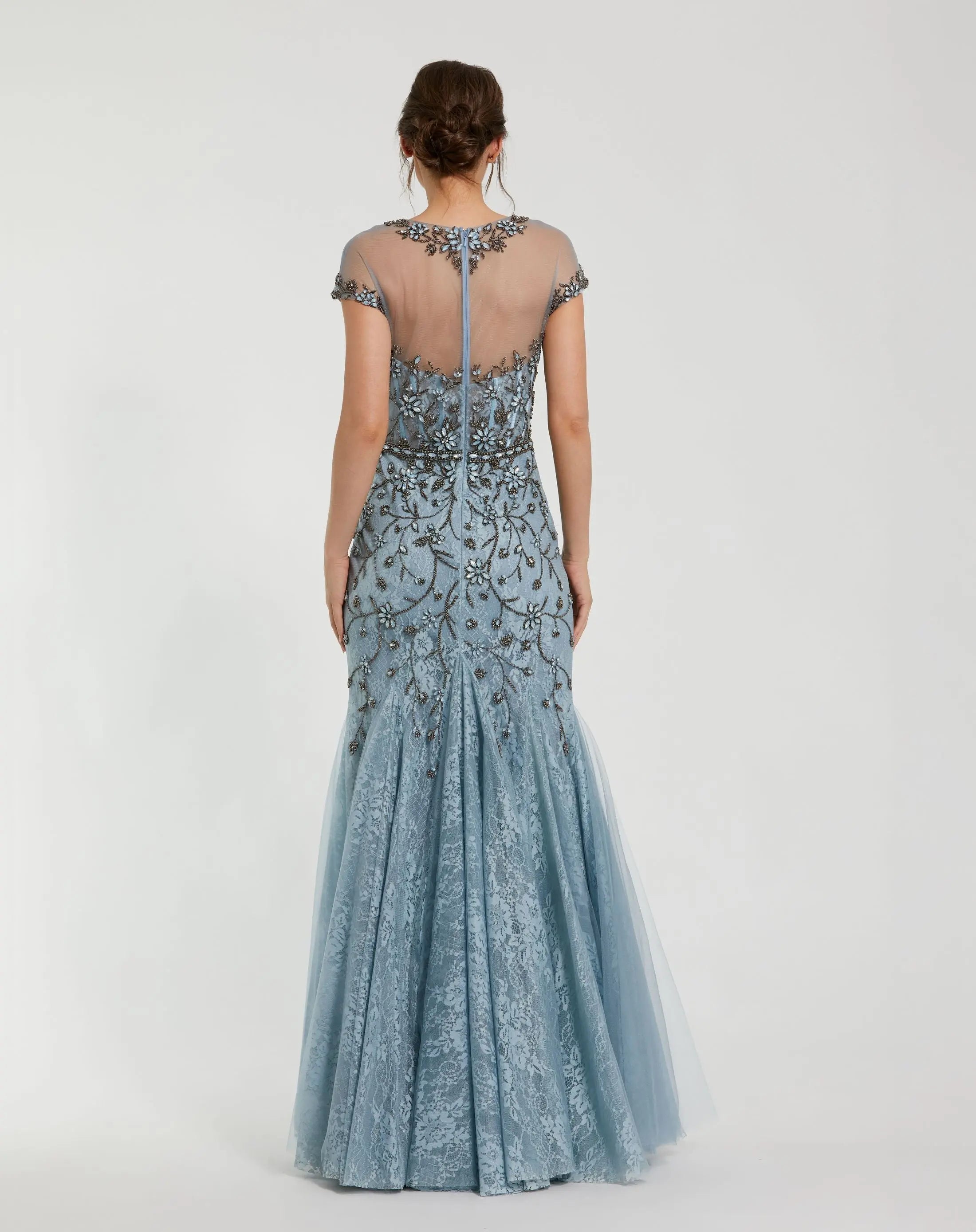Blue Embellished Lace Evening Gown with Illusion Neckline
