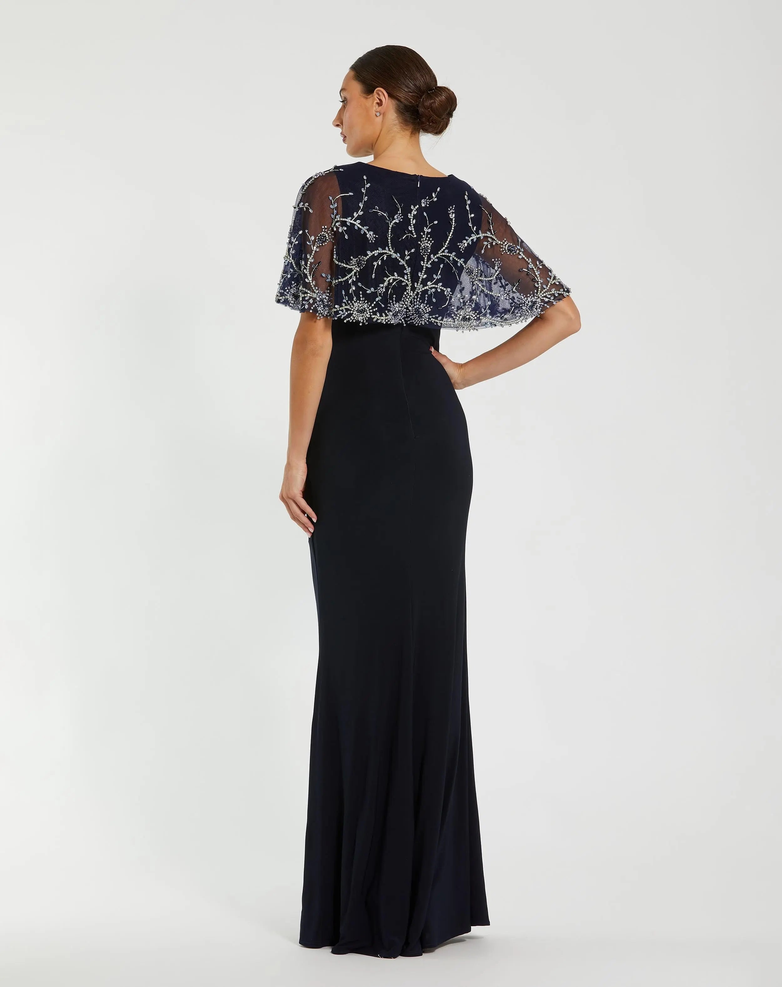Navy Fitted Jersey Gown with Embellished Cape