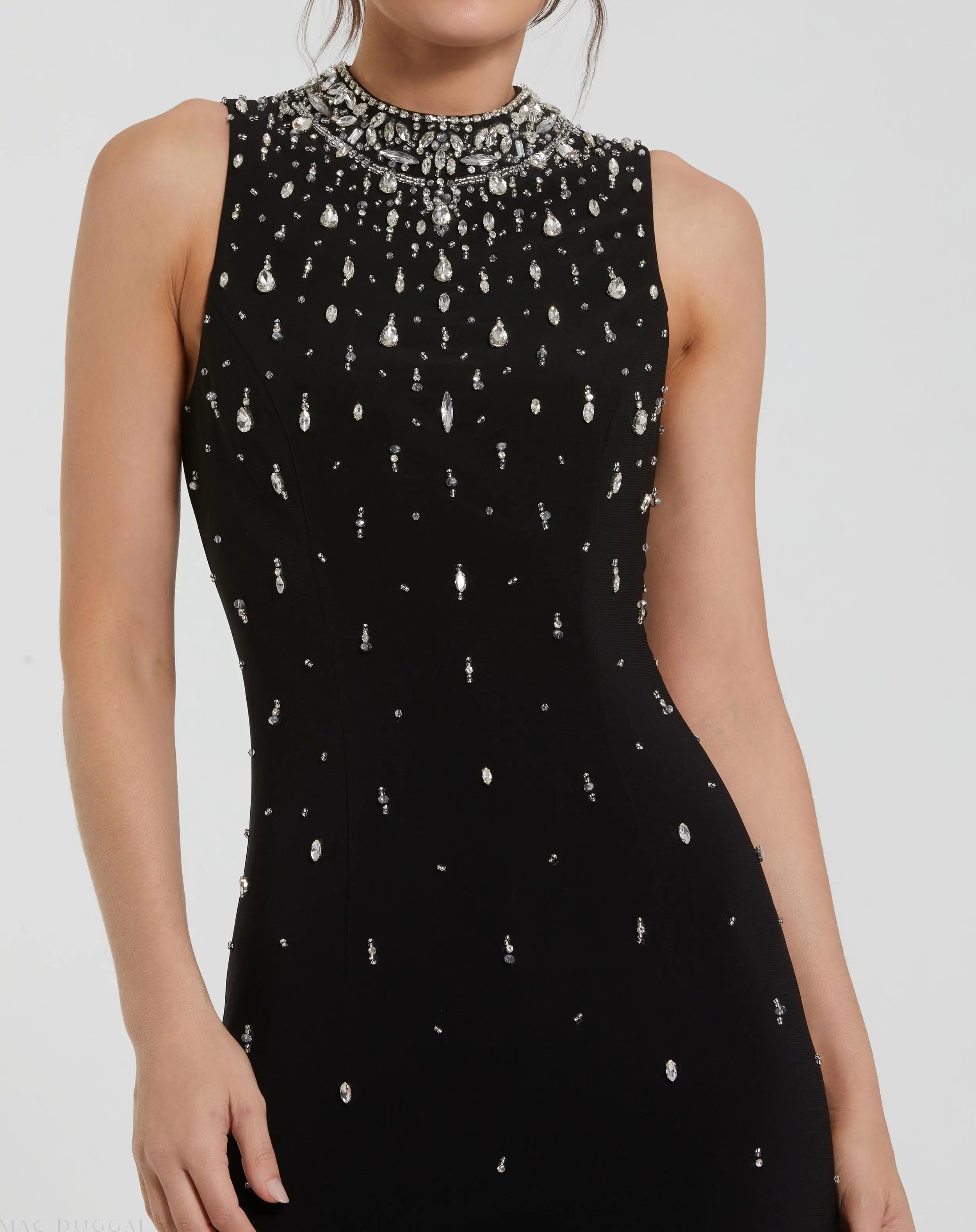 Black High Neck Sleeveless Beaded Jersey Fitted Gown