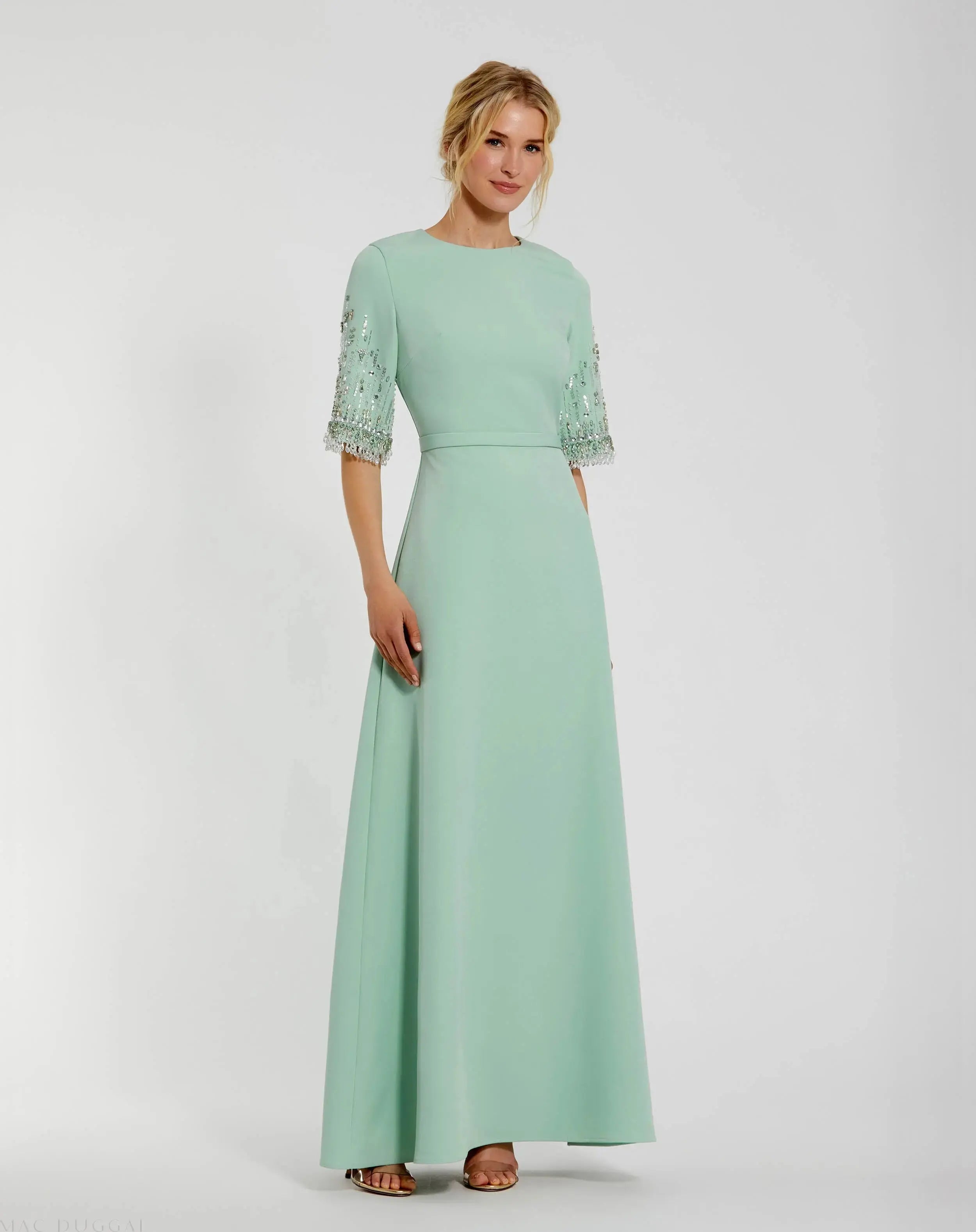 Crepe A Line Gown With Beaded 3/4 Sleeves