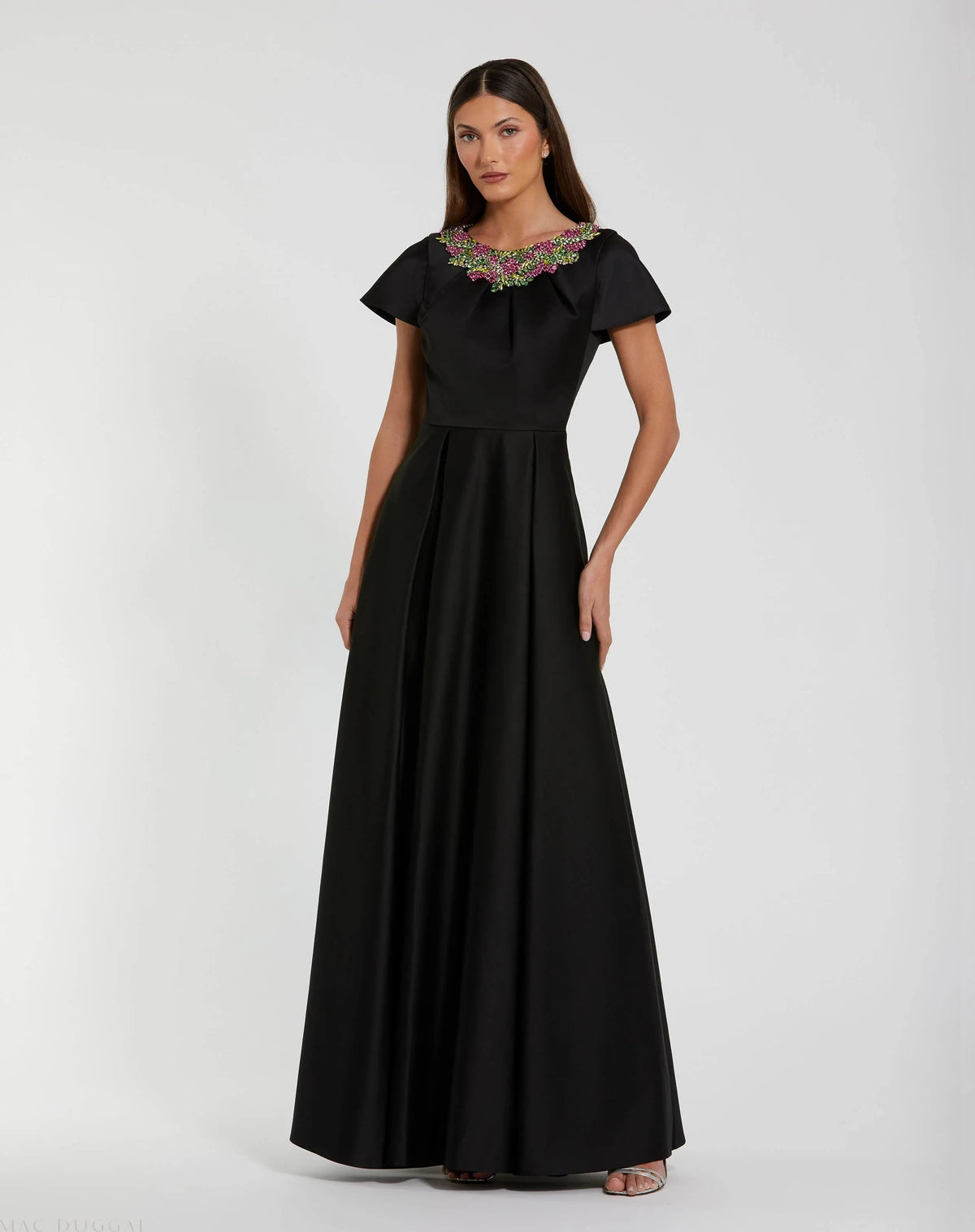 Black Satin Flutter Sleeve Gown With Neckline Beading