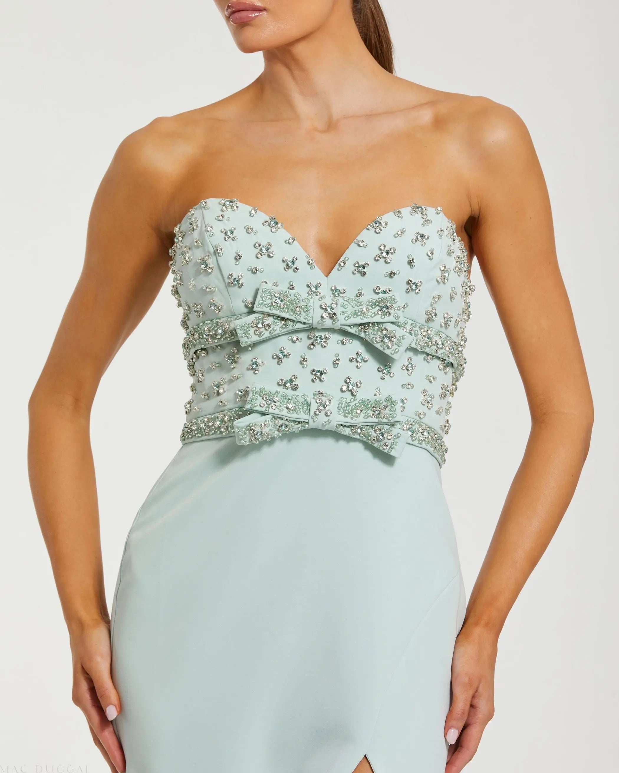 Green Strapless Rhinestone Bodice Crepe Gown