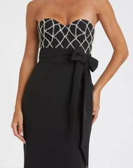 Black Embellished Strapless Bustier With Bow Crepe Gown