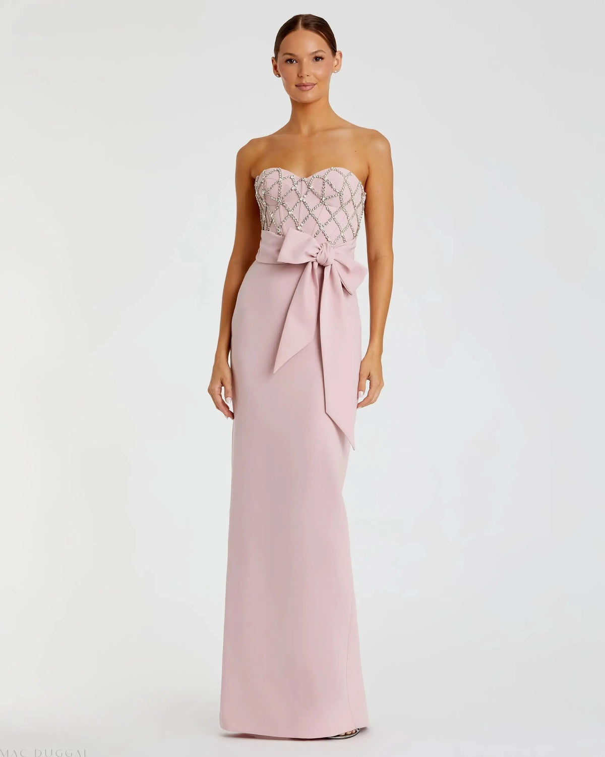 Pink Strapless Crepe Embellished Bustier Gown With Bow