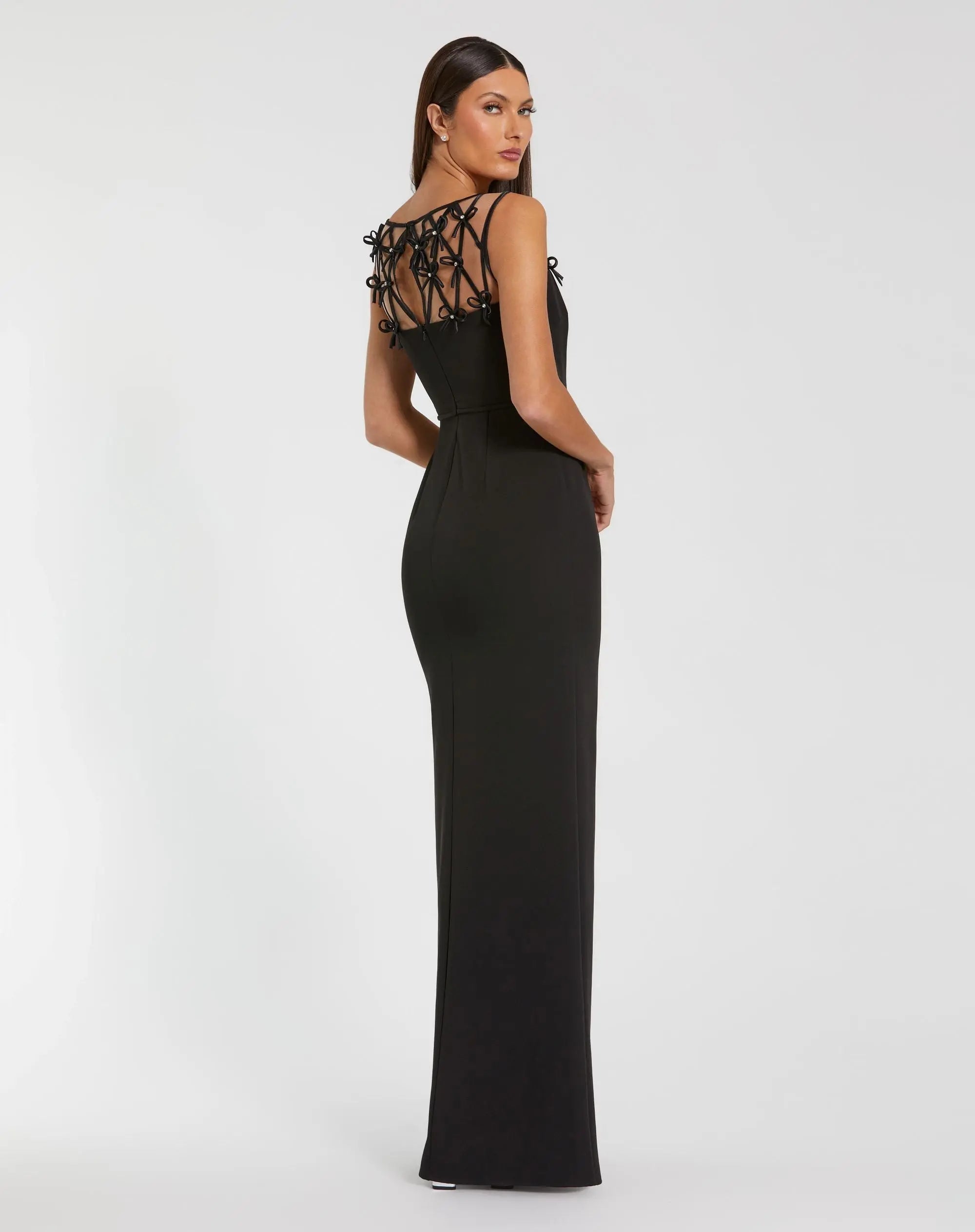 Black Sleeveless Crepe Gown With Embellished Bows