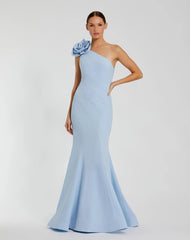 Blue One Shoulder Mermaid Gown With 3D Flower
