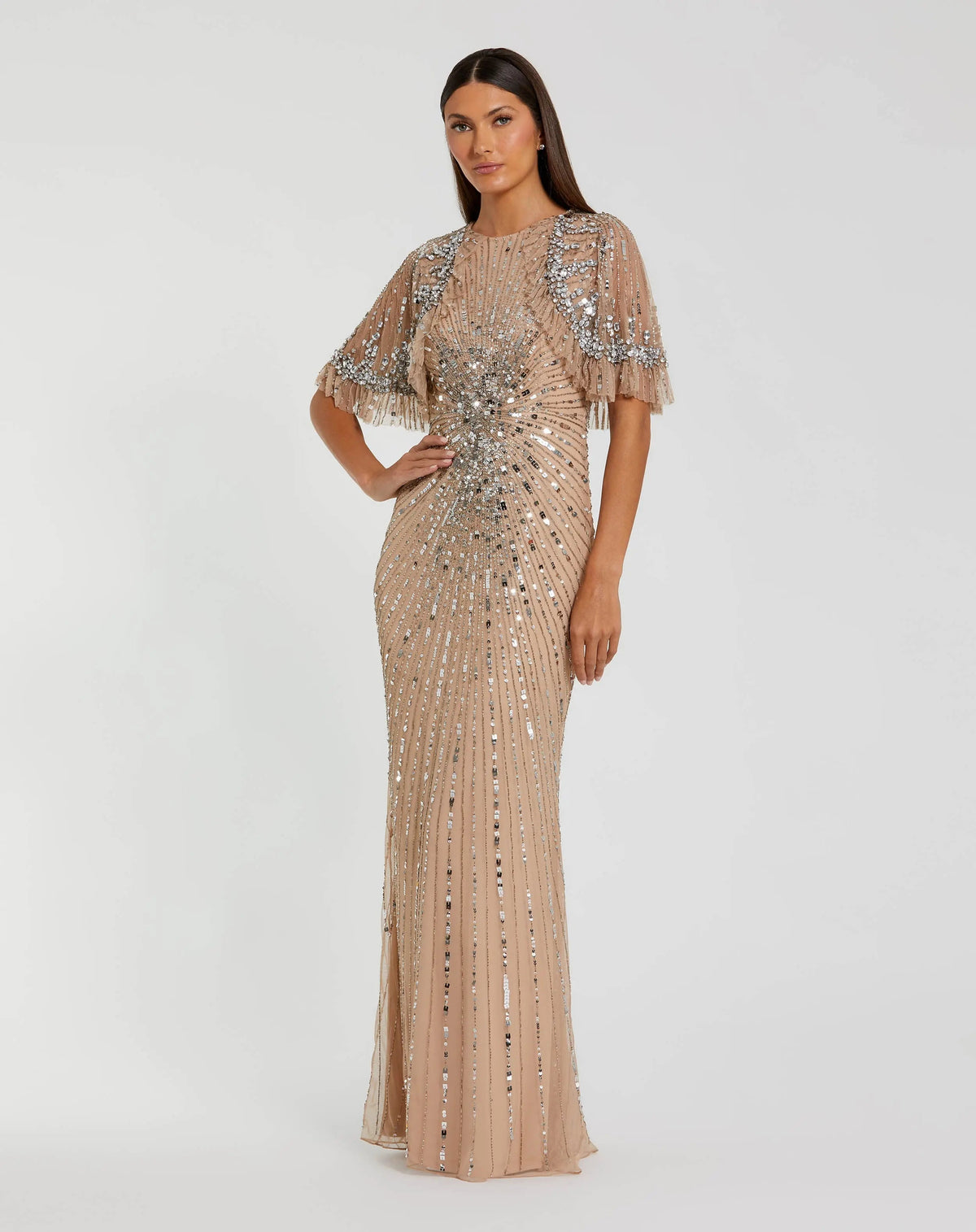 Beige Embellished Mesh Fitted Gown With Capelet