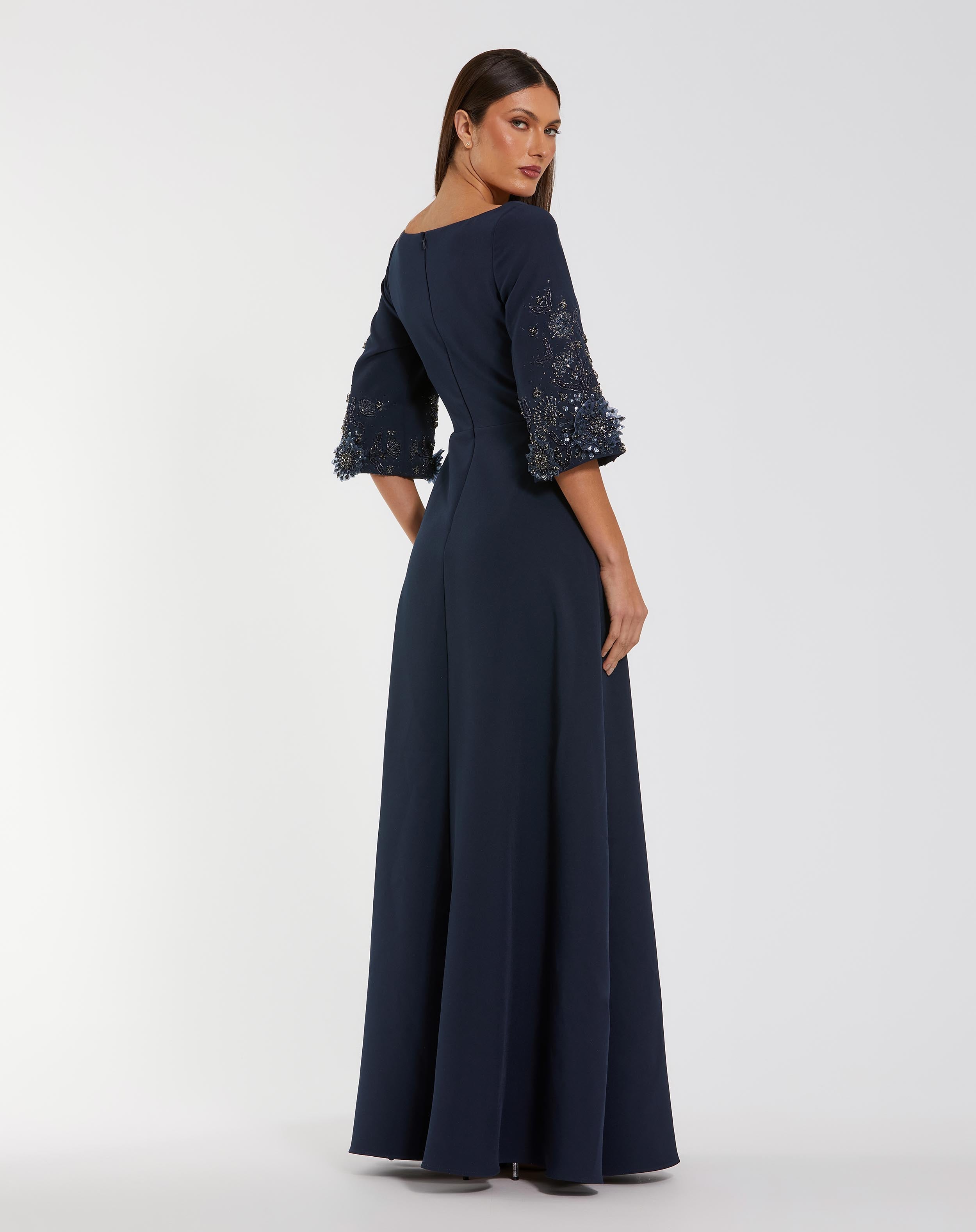Navy Crepe Gown With Floral Embellished Sleeves