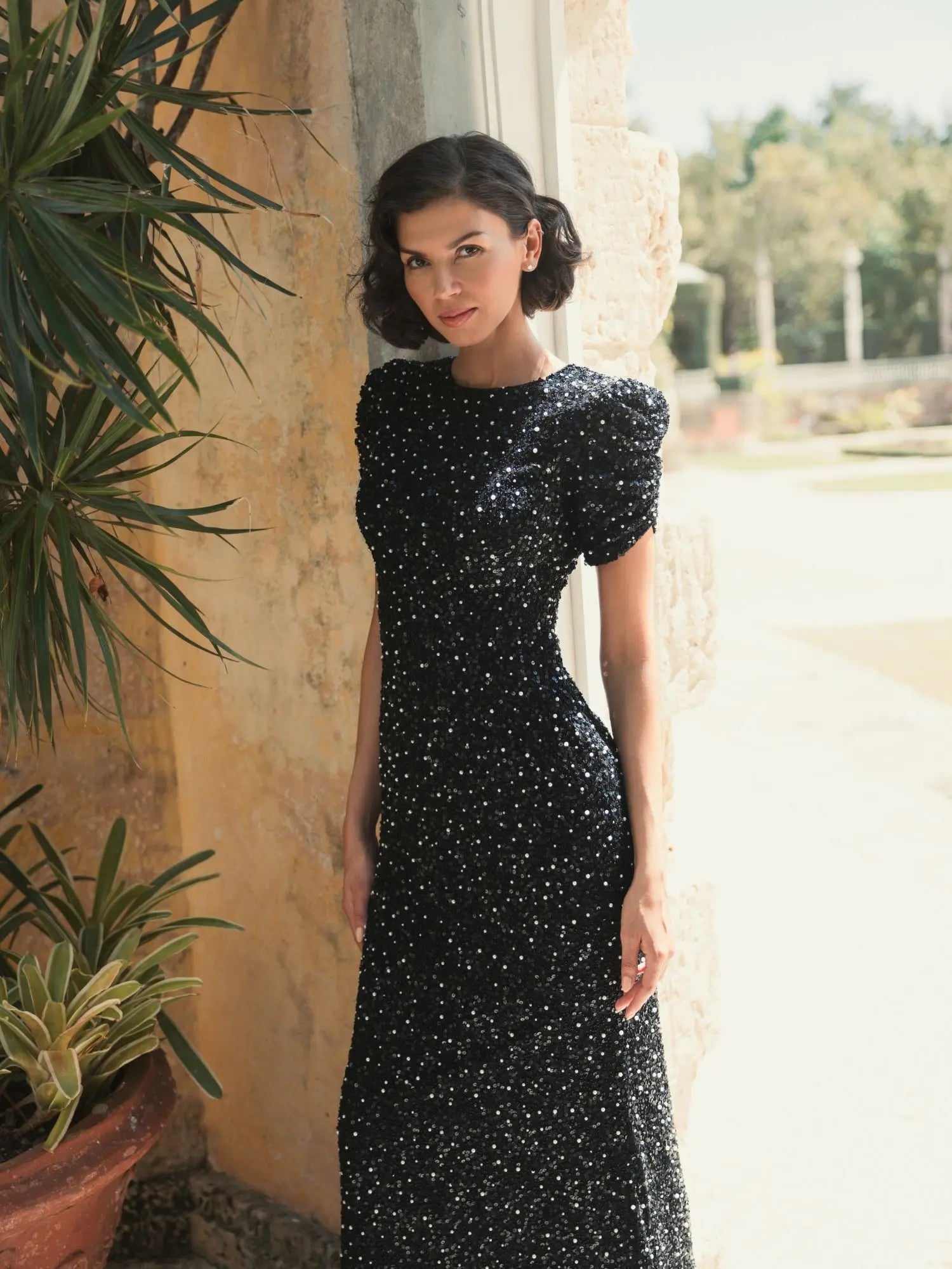 Black Gathered Short Sleeve Beaded Gown