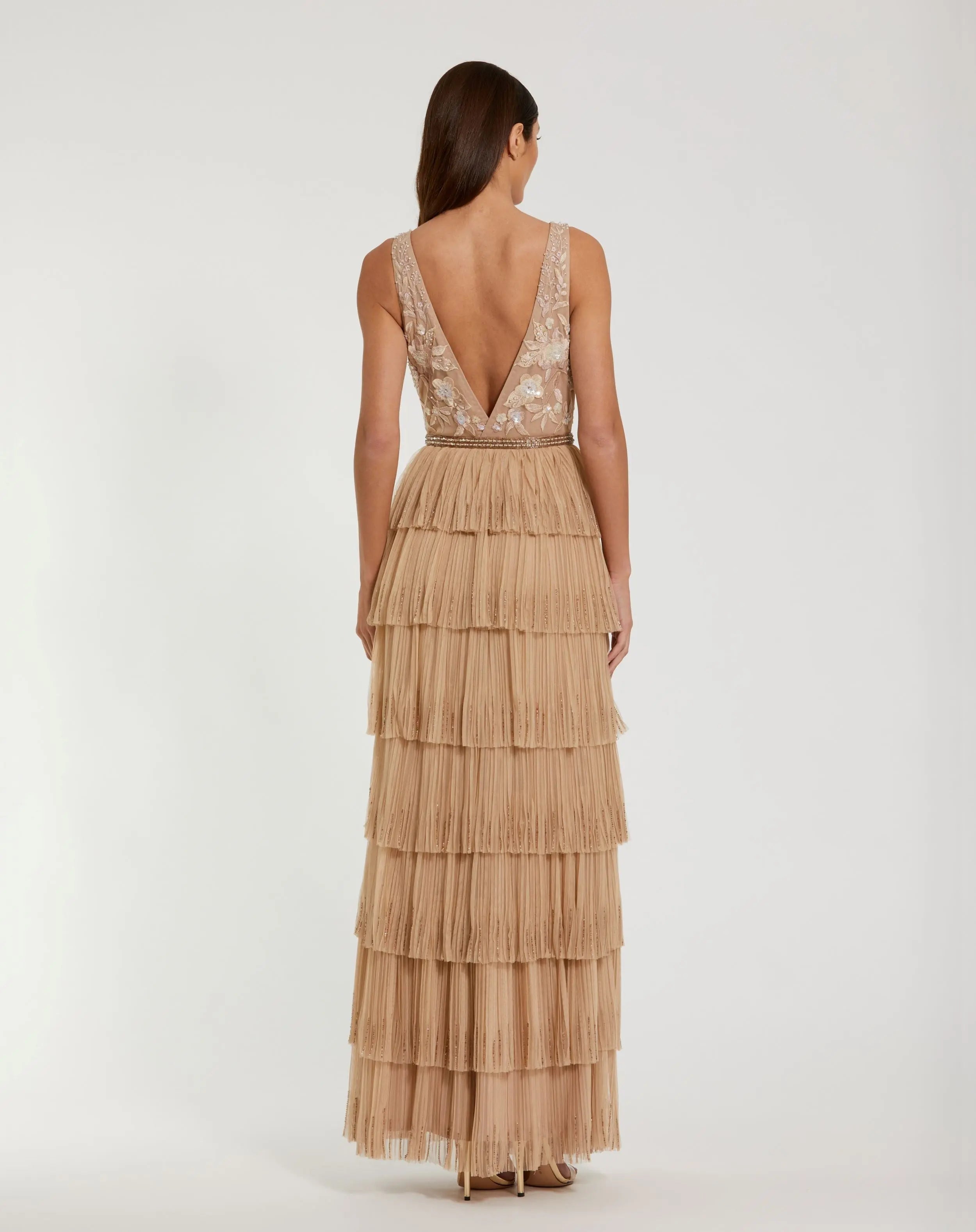 Beige Beaded Mesh V Neck Gown With Tiered Ruffles