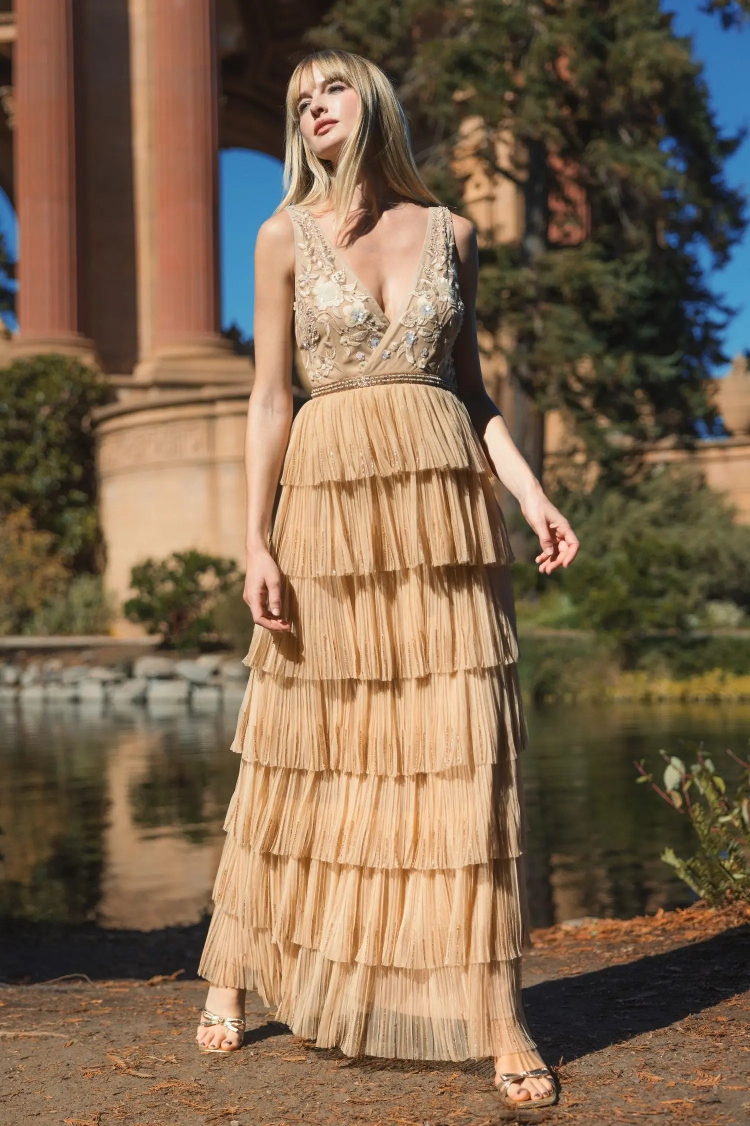 Beige Beaded Mesh V Neck Gown With Tiered Ruffles