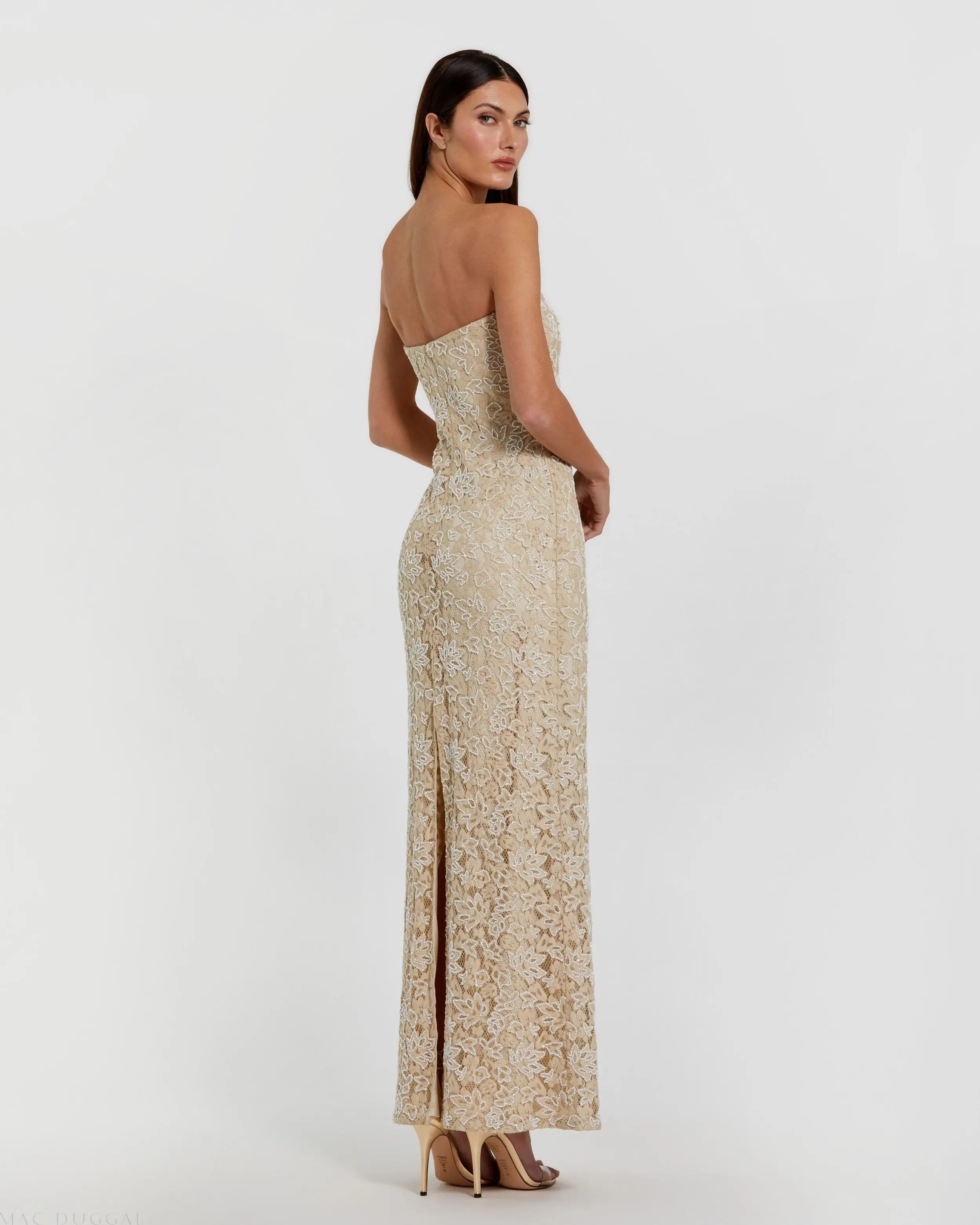 Beige Strapless Beaded Lace Fitted Column Gown