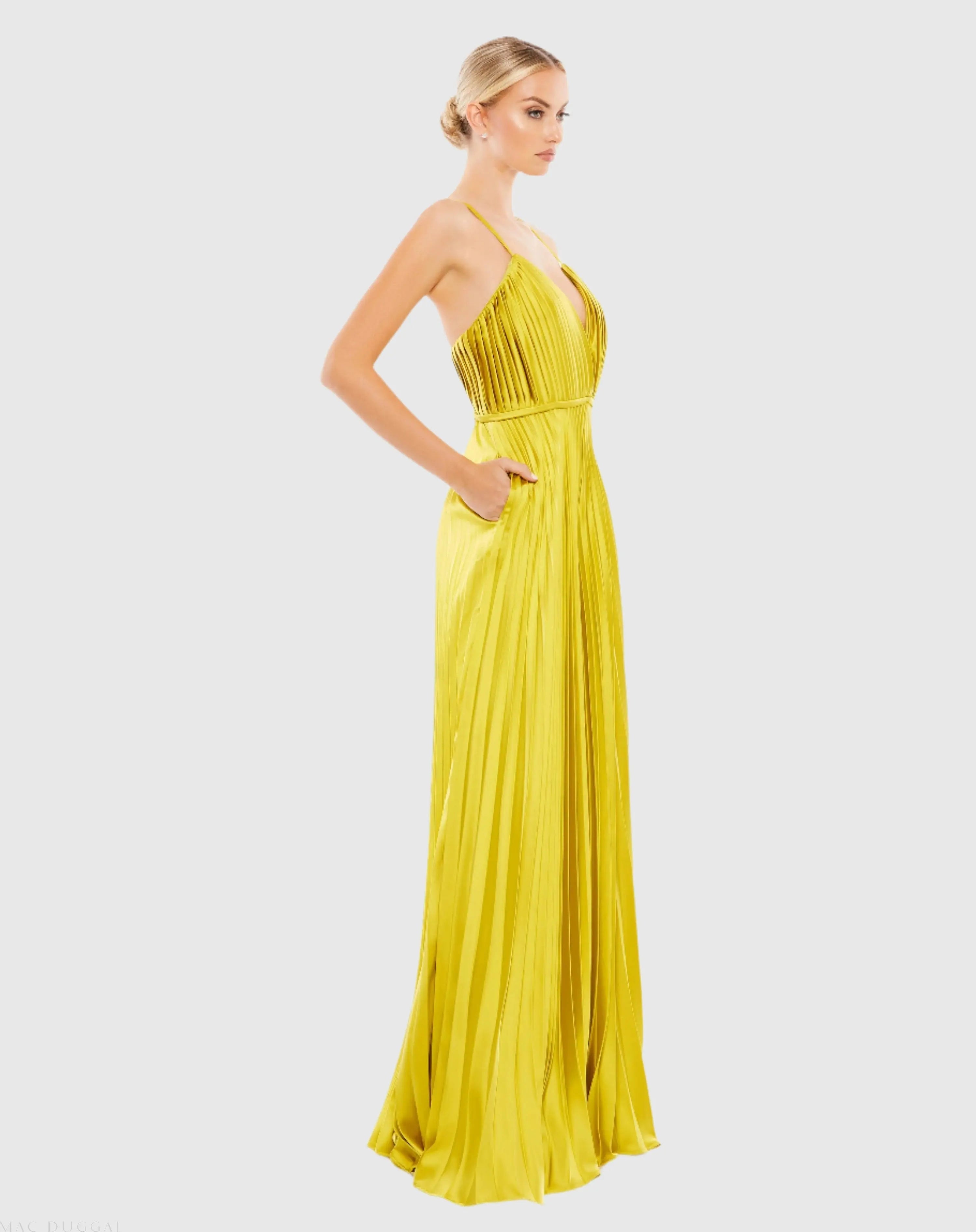 Green Pleated Plunge Neck Wide Leg Jumpsuit