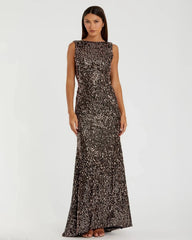 Cowl Back Boat Neck Sequined Evening Gown