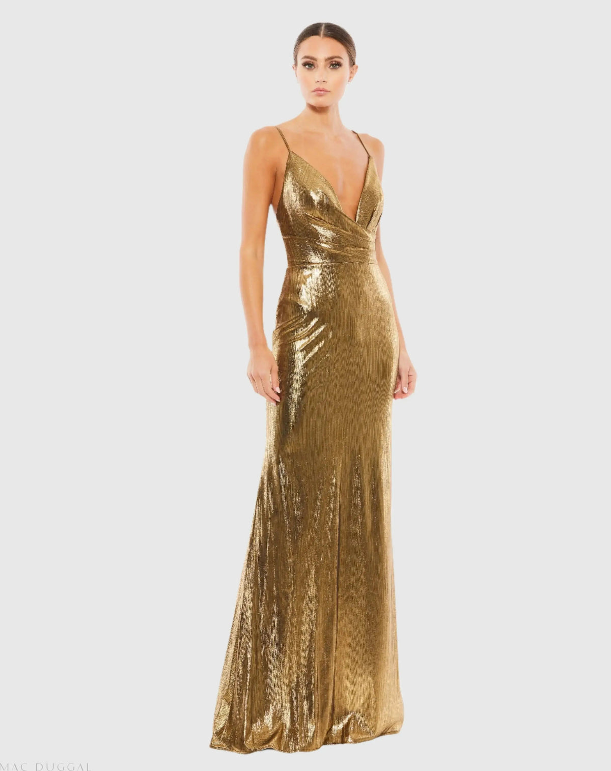 Gold Metallic Faux Wrap Spaghetti Strap Gown
