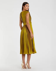 Green Pleated Cap Sleeve Belted A Line Dress