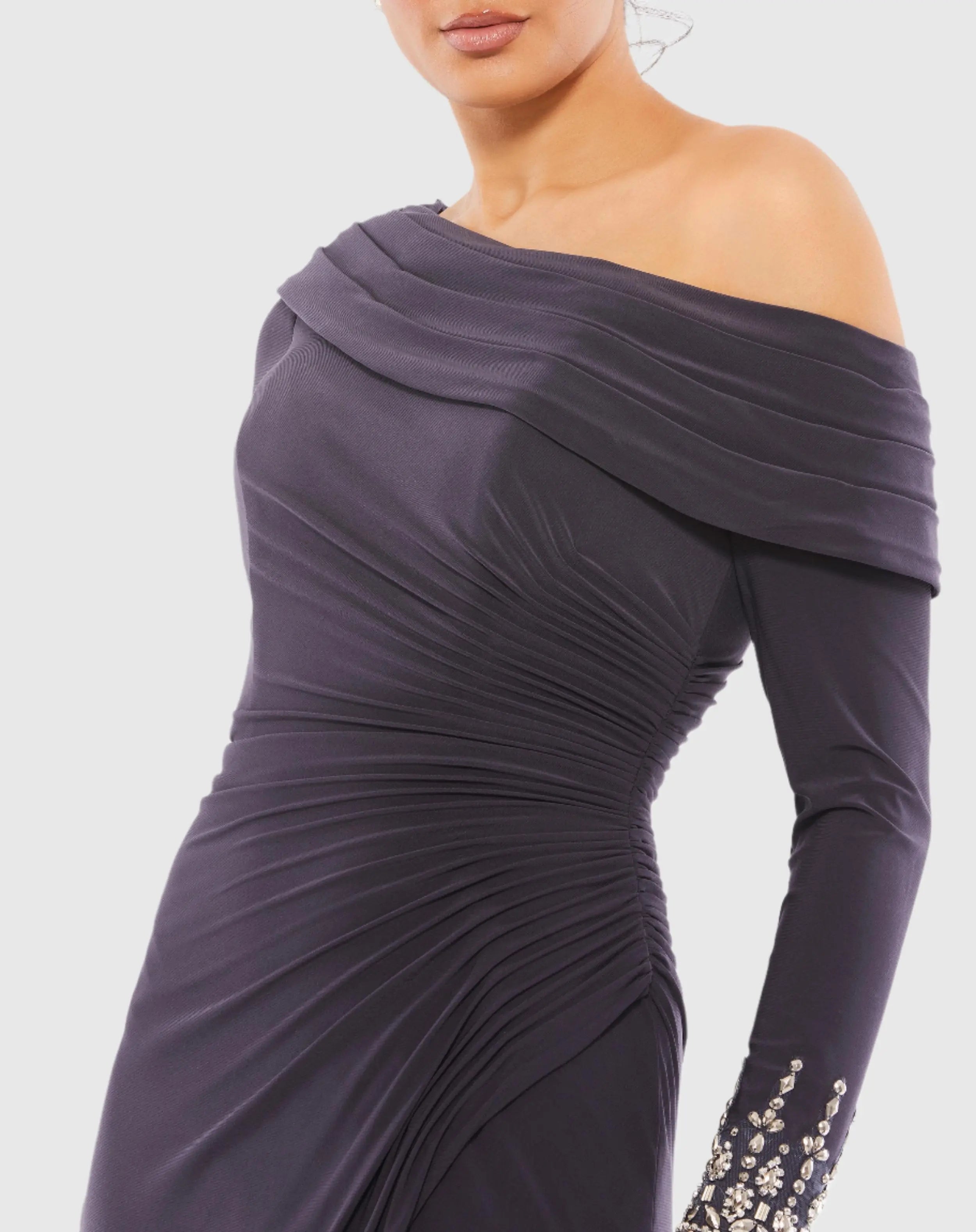 Purple Foldover Long Sleeve Jeweled Midi Dress