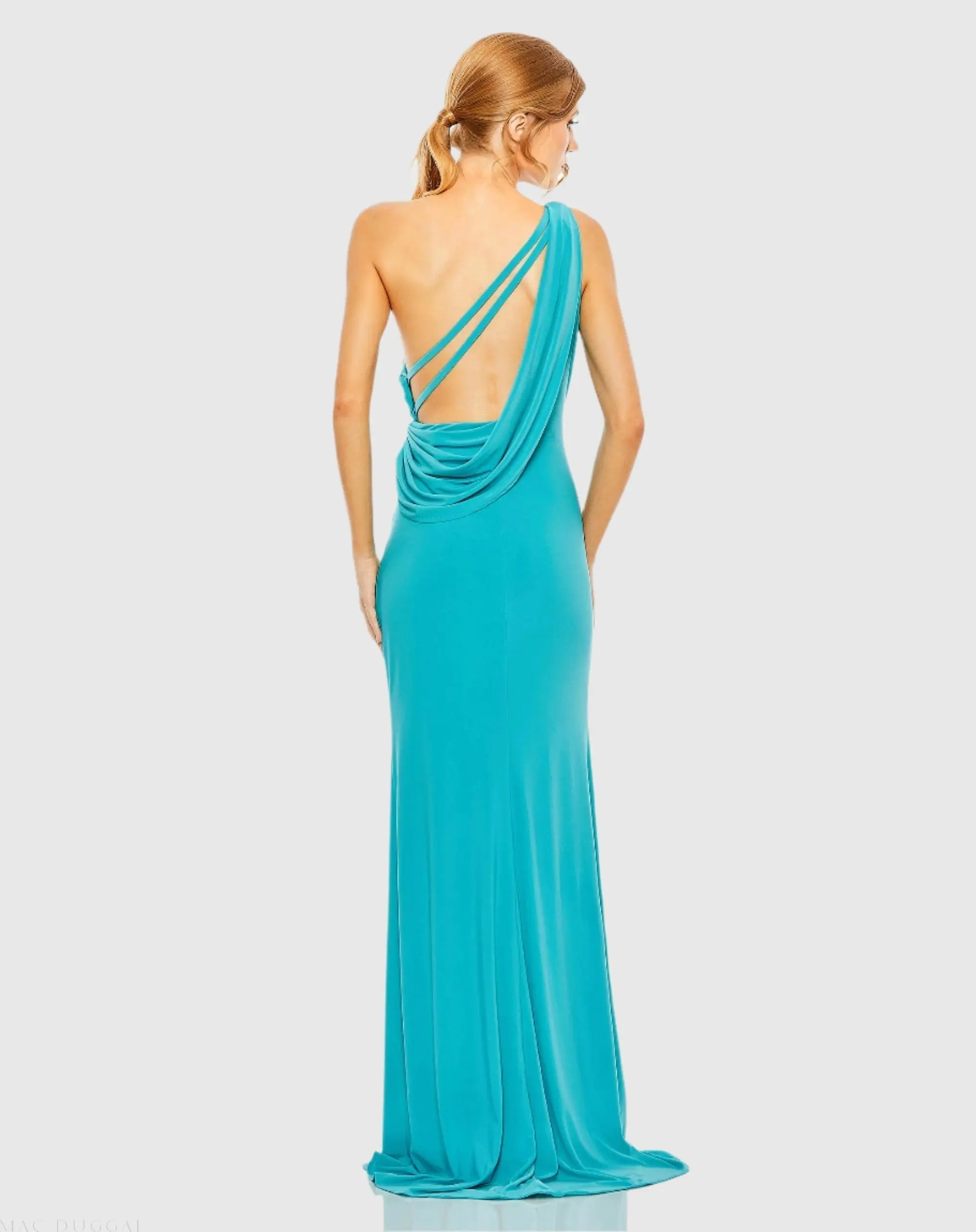 Blue Jersey One Shoulder Draped Back Gown