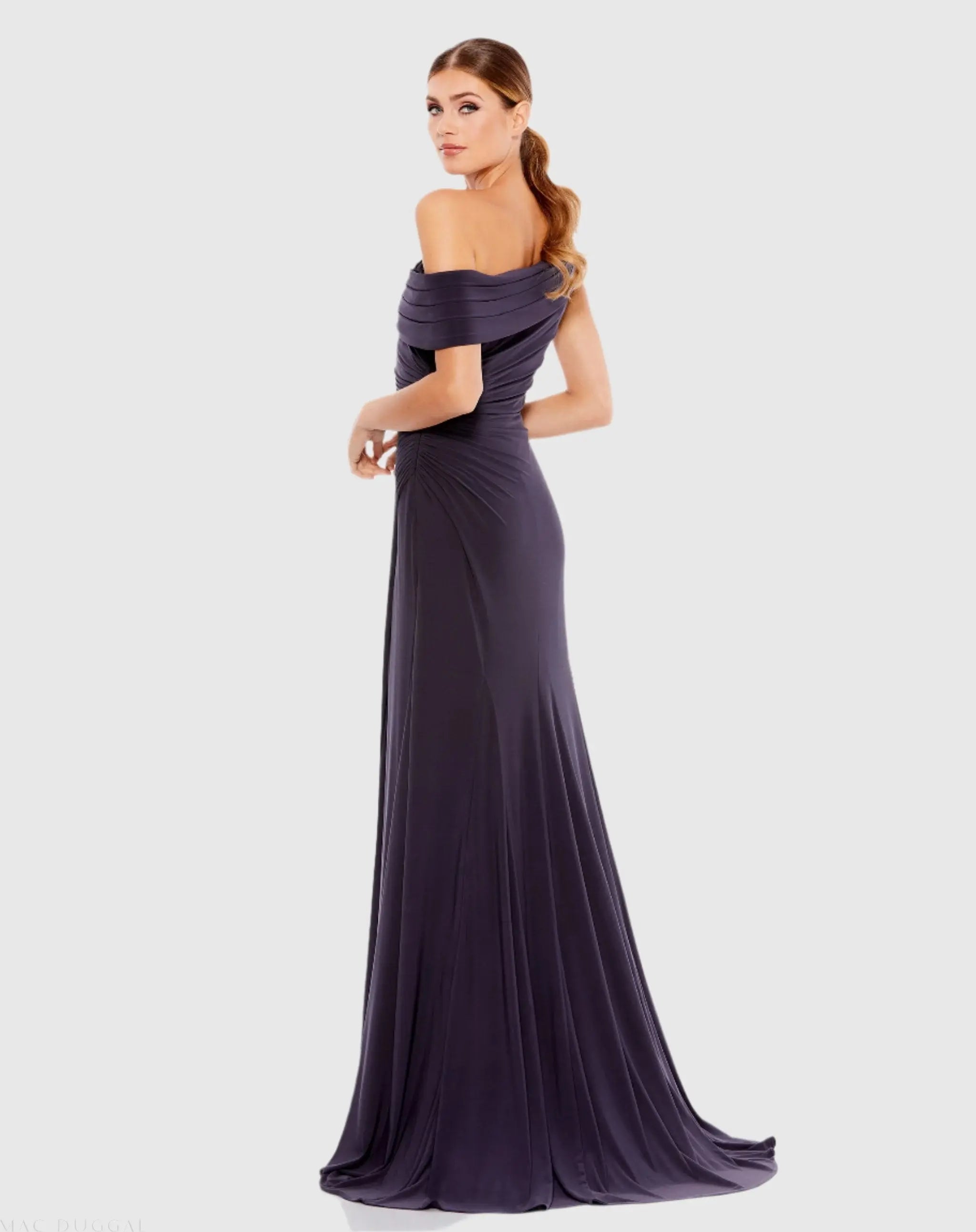 Purple Foldover Off-the-Shoulder Slit Gown