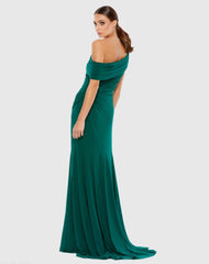 Dark Green Foldover Off-the-Shoulder Slit Gown