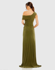 Green Foldover Off-the-Shoulder Slit Gown