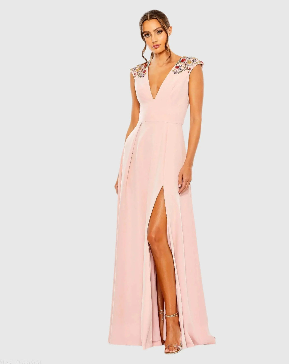 Pink Beaded Cap Sleeve V Neck A Line Gown