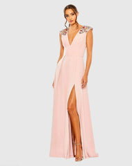 Beaded Cap Sleeve V Neck A Line Gown