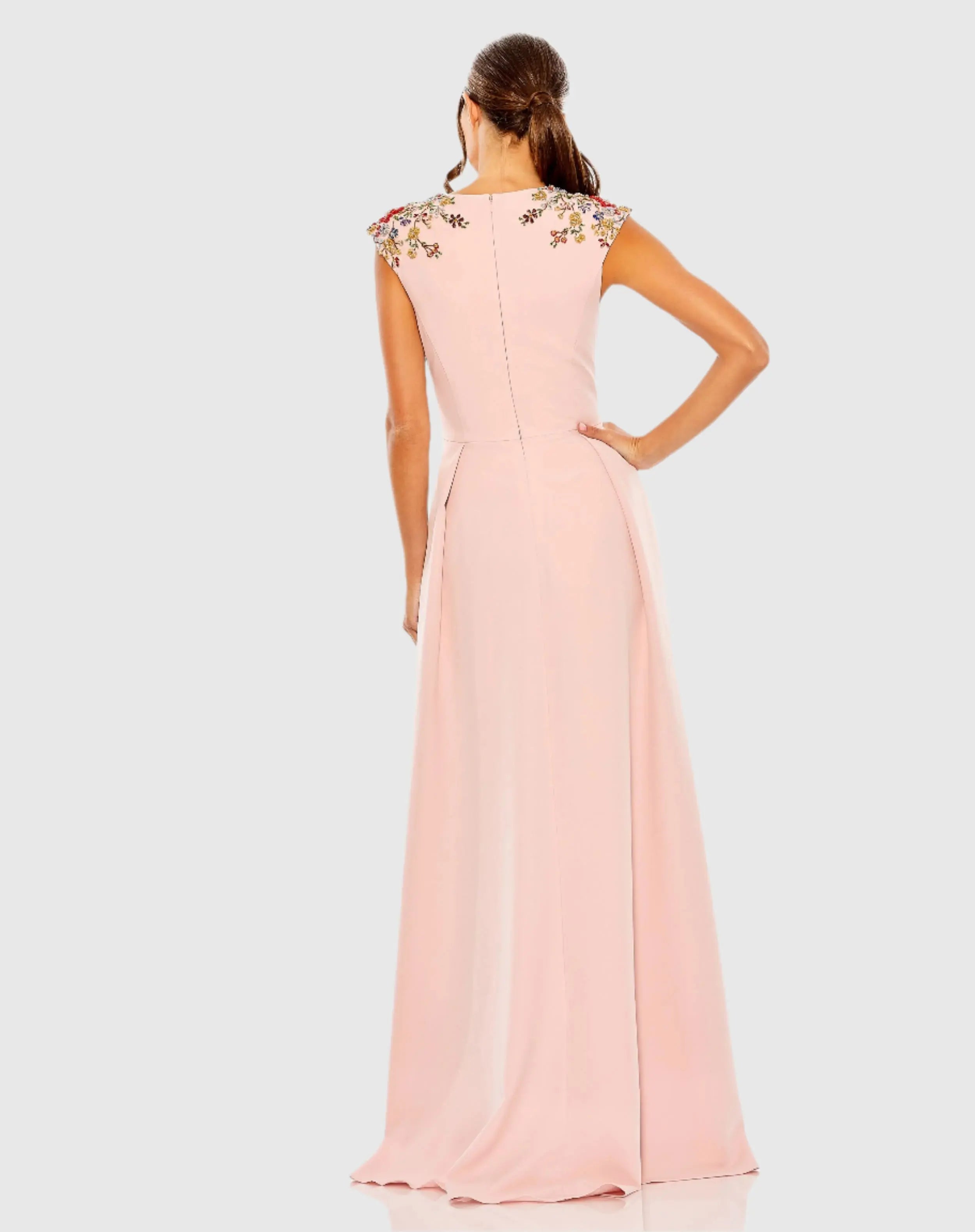 Pink Beaded Cap Sleeve V Neck A Line Gown